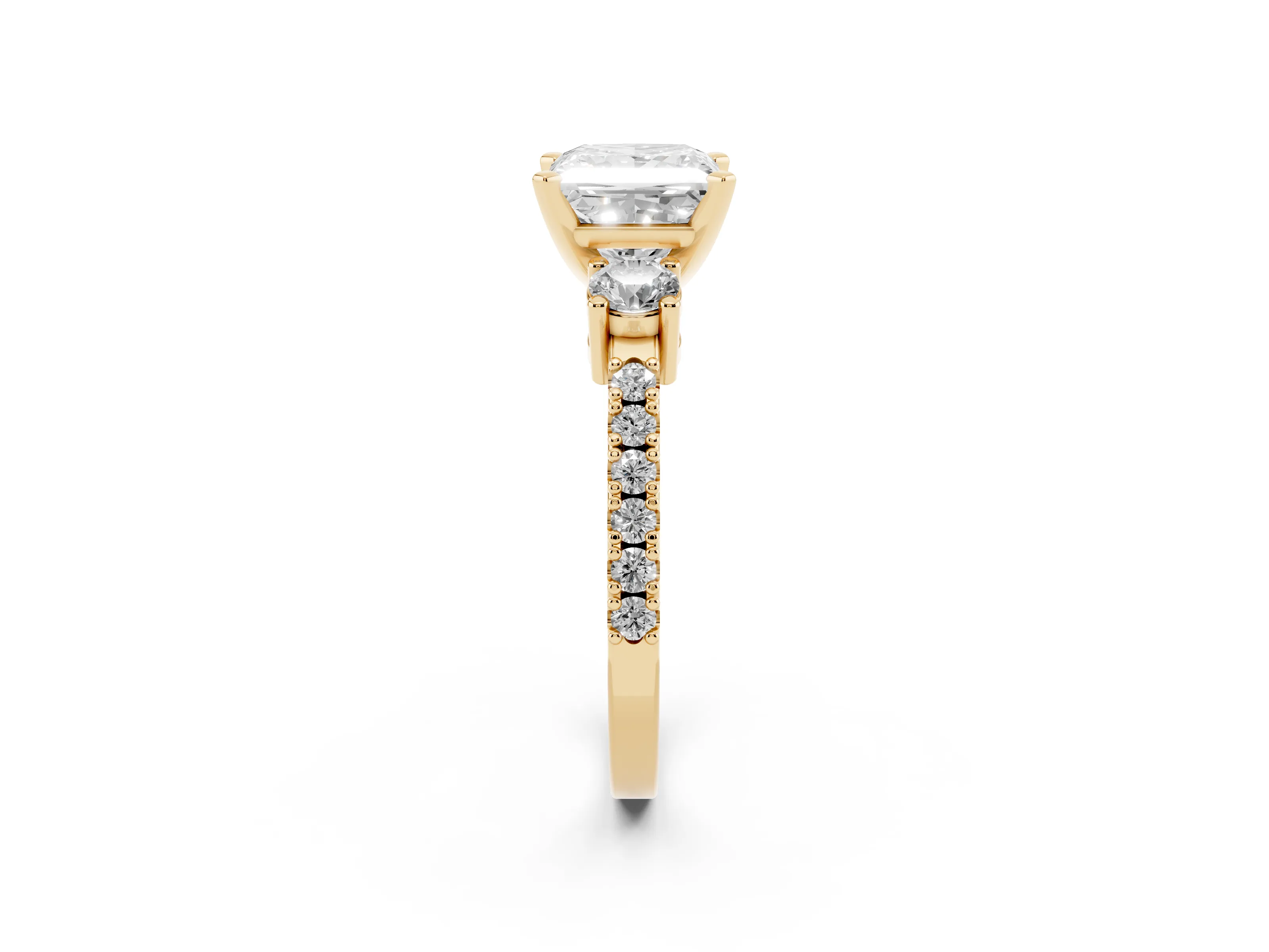Three-Stone Princess Cut Diamond Pavé Band Ring Set in Yellow gold with Prong Setting