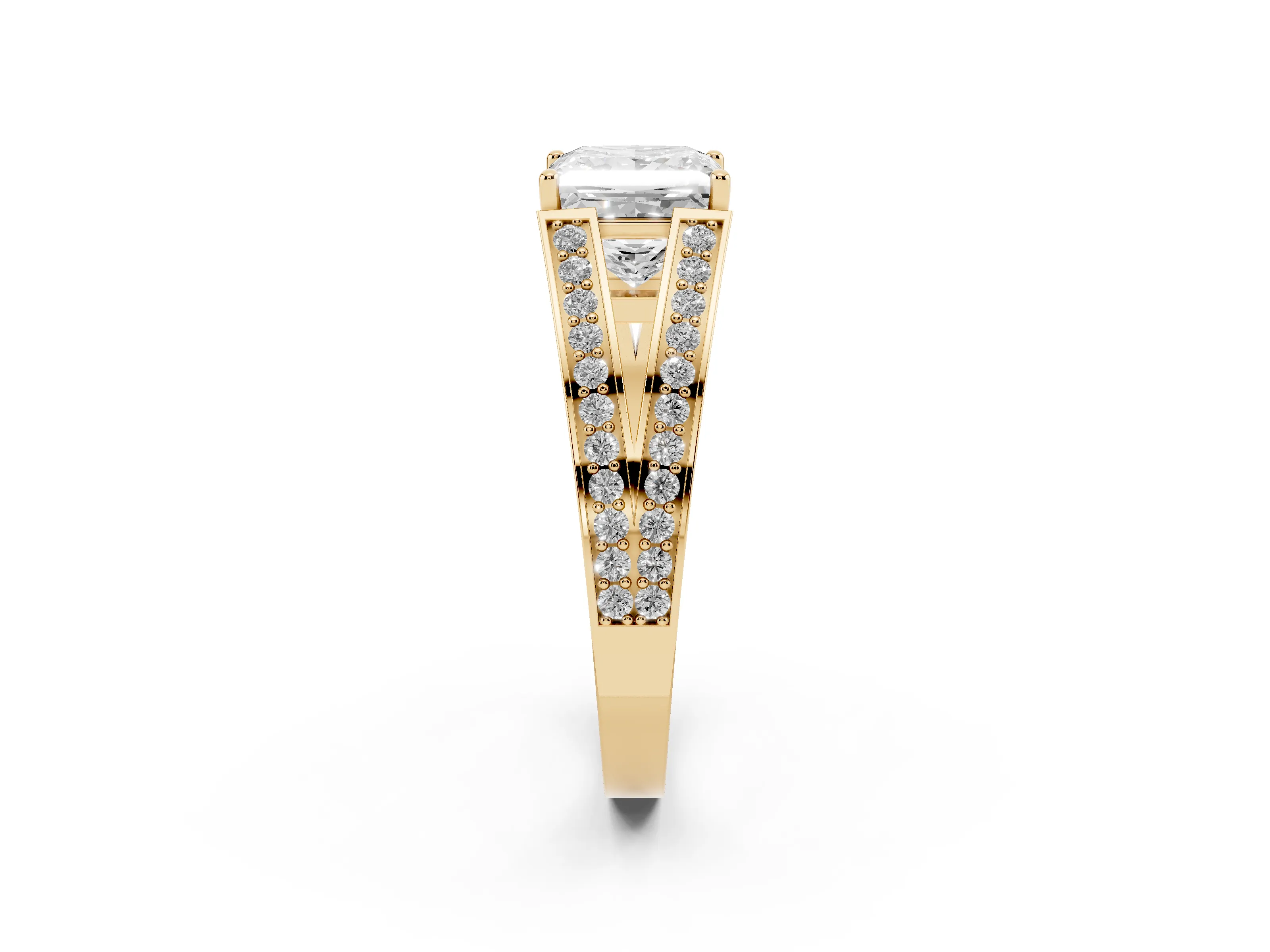 Princess Cut Diamond Split Shank Ring Set in Yellow gold with Pavé Band and Prong Setting