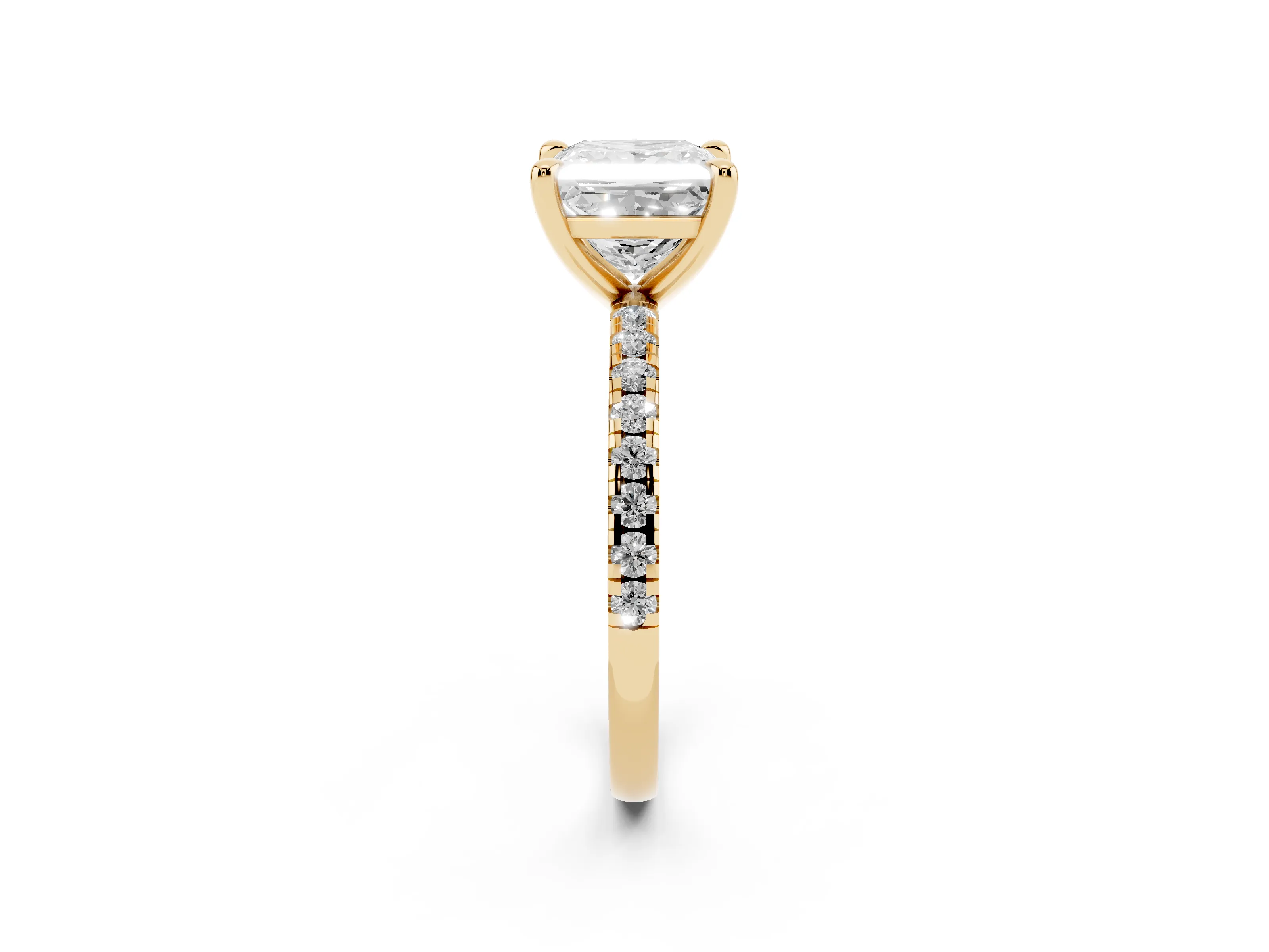 Princess Cut Diamond Brilliant Solitaire Ring Set in Yellow gold with Pavé Band and Prong Setting