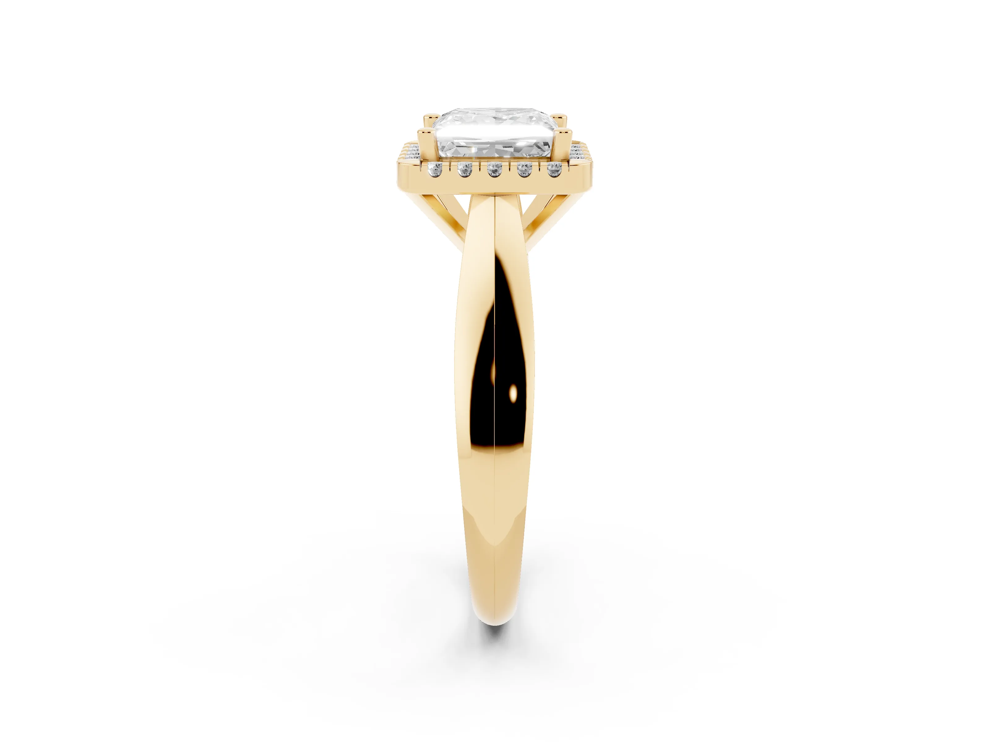 Princess Cut Diamond Halo Solitaire Engagement Ring Set in Yellow gold with Square Band and Prong Setting