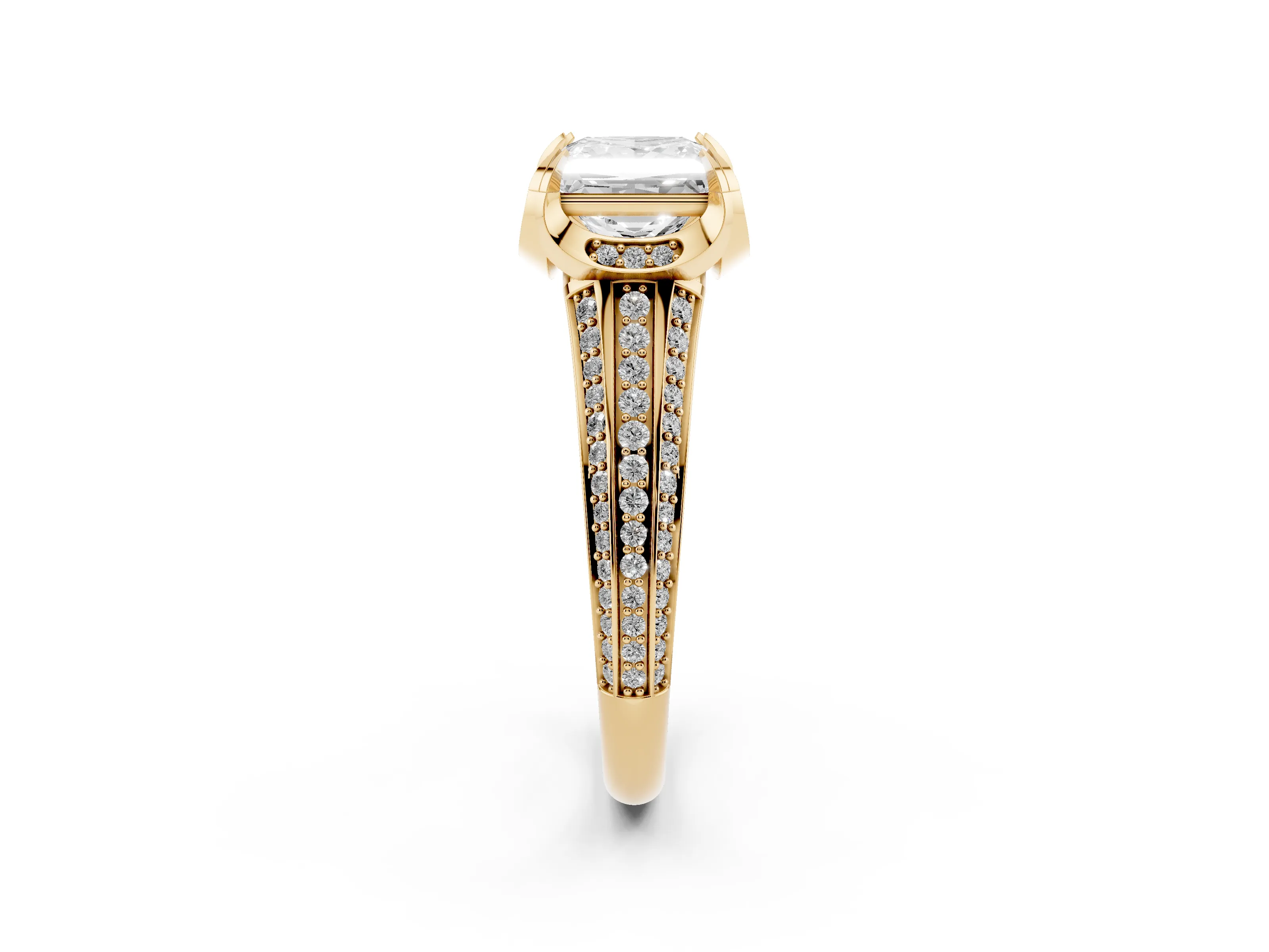 Princess Cut Diamond Pavé Split Shank Solitaire Ring Set in Yellow gold with Prong Setting