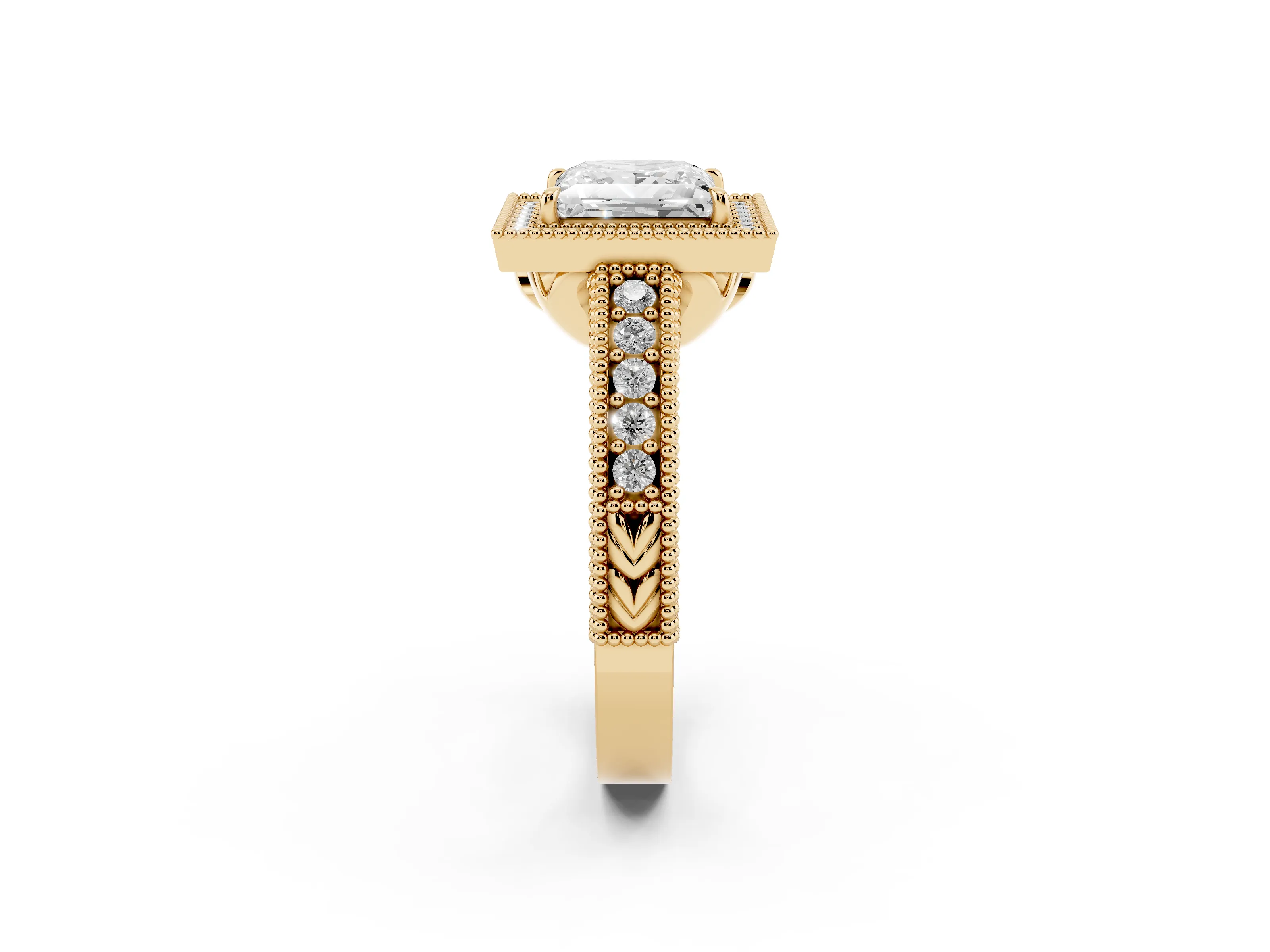Princess Cut Diamond Halo Ring Set in Yellow gold with Round Accent Halo, Pavé Band and Prong Setting