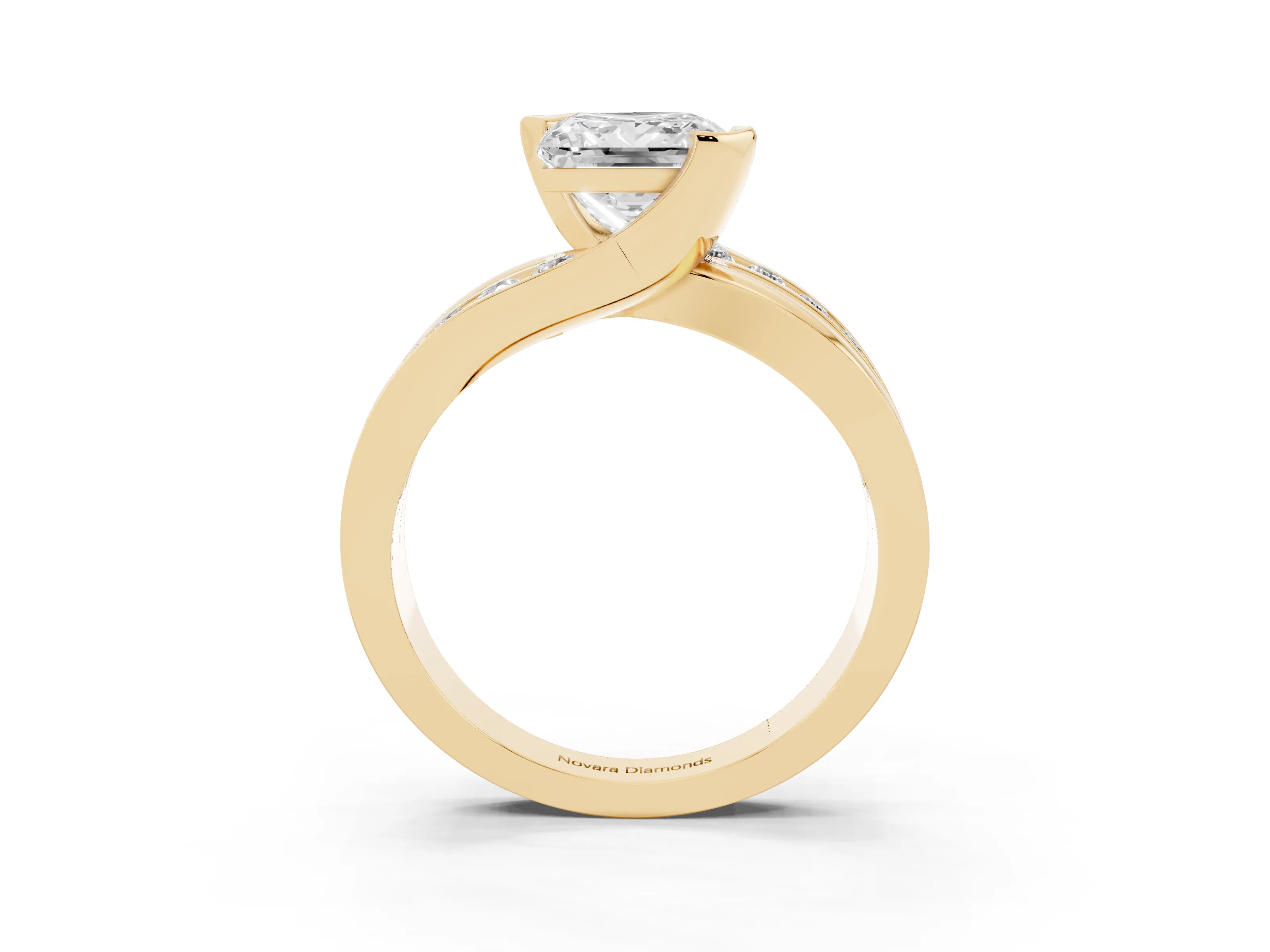 Princess Cut Diamond Solitaire Ring Set in Yellow gold with Channel Set Split Shank and Tension Prongs