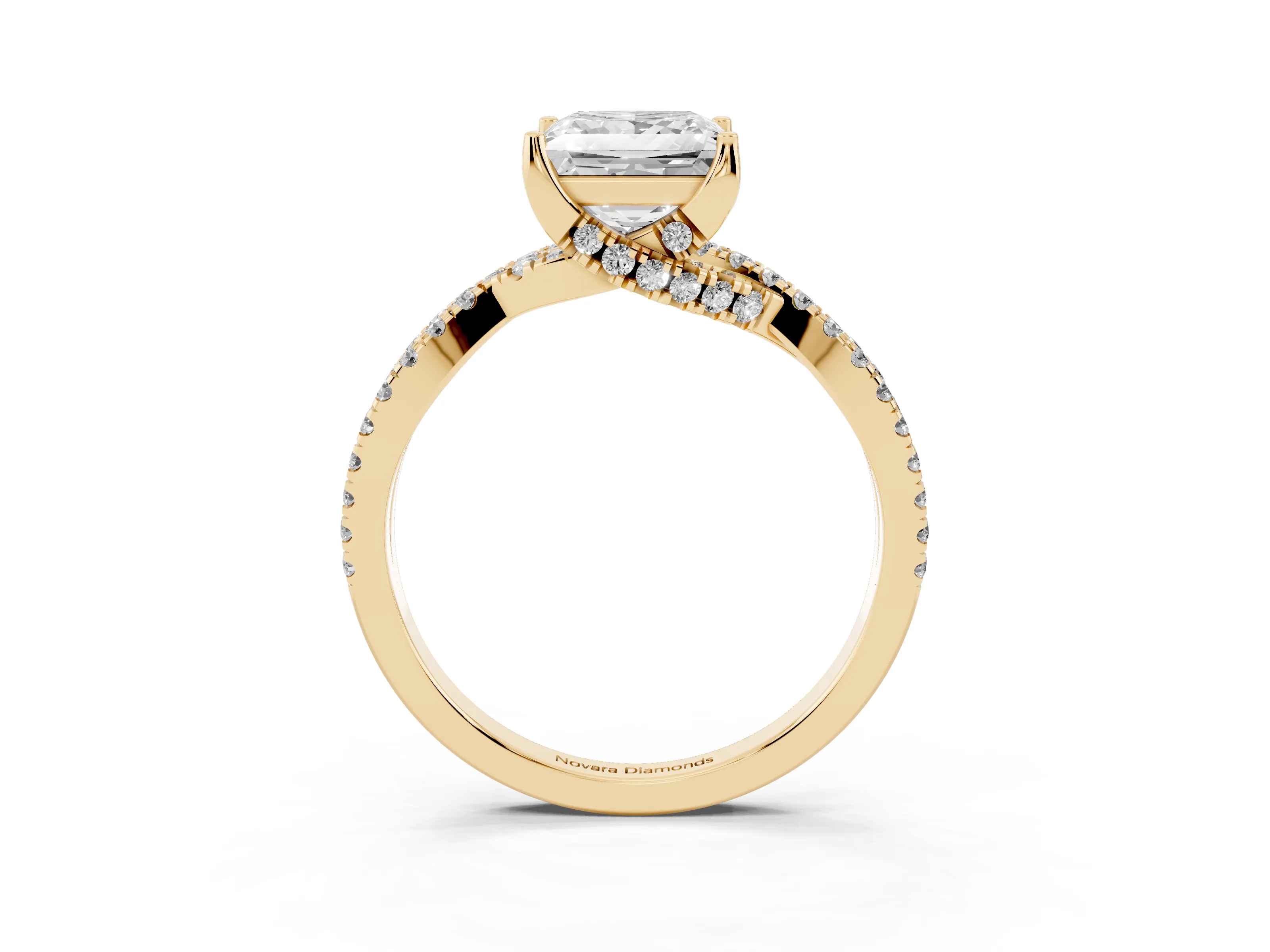 Princess Cut Diamond Twist Pavé Solitaire Engagement Ring Set in Yellow gold with Prong Setting