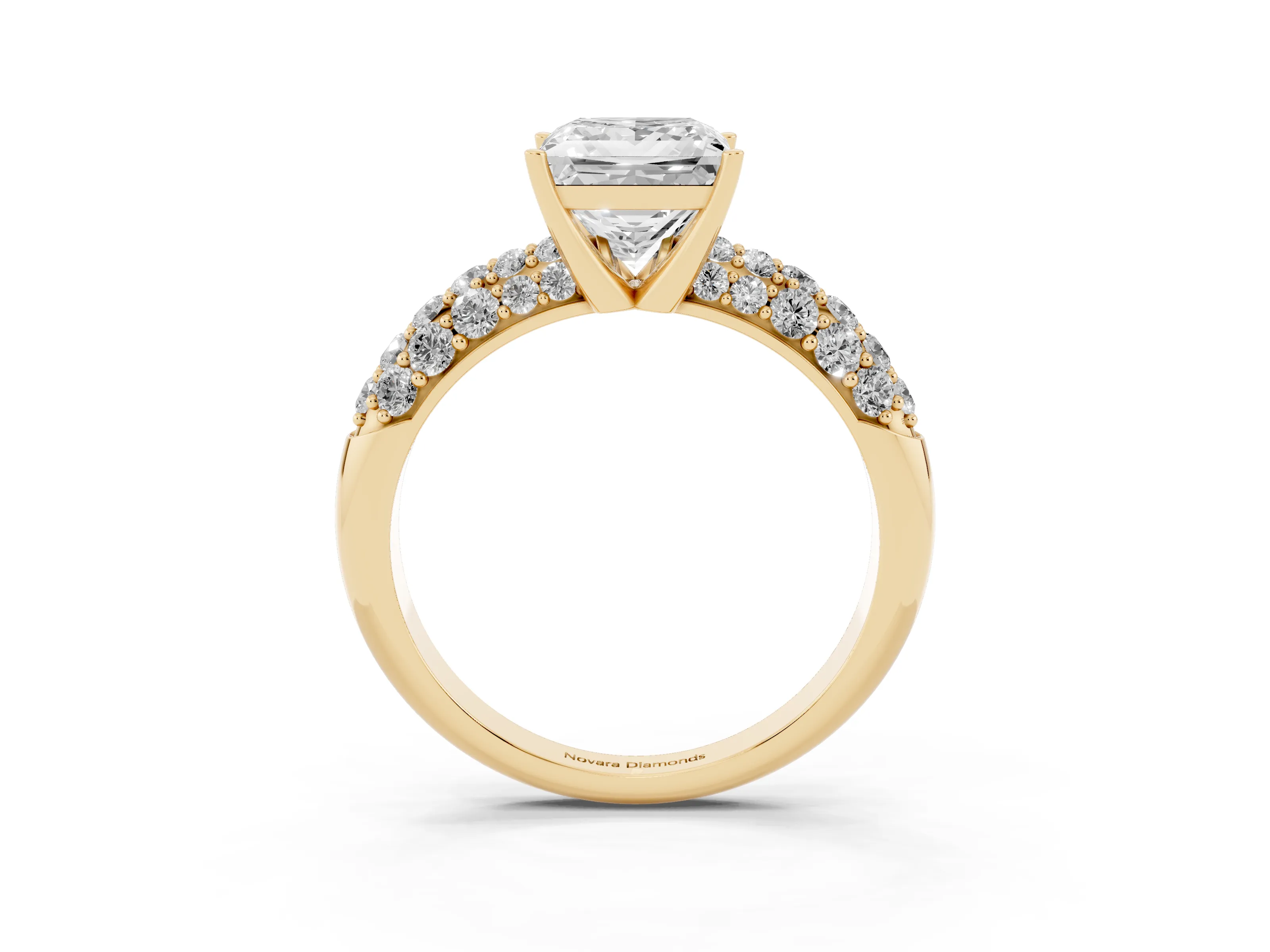 Princess Cut Diamond Pavé Band Solitaire Ring Set in Yellow gold with Close-Set Accent Stones and Prong Setting