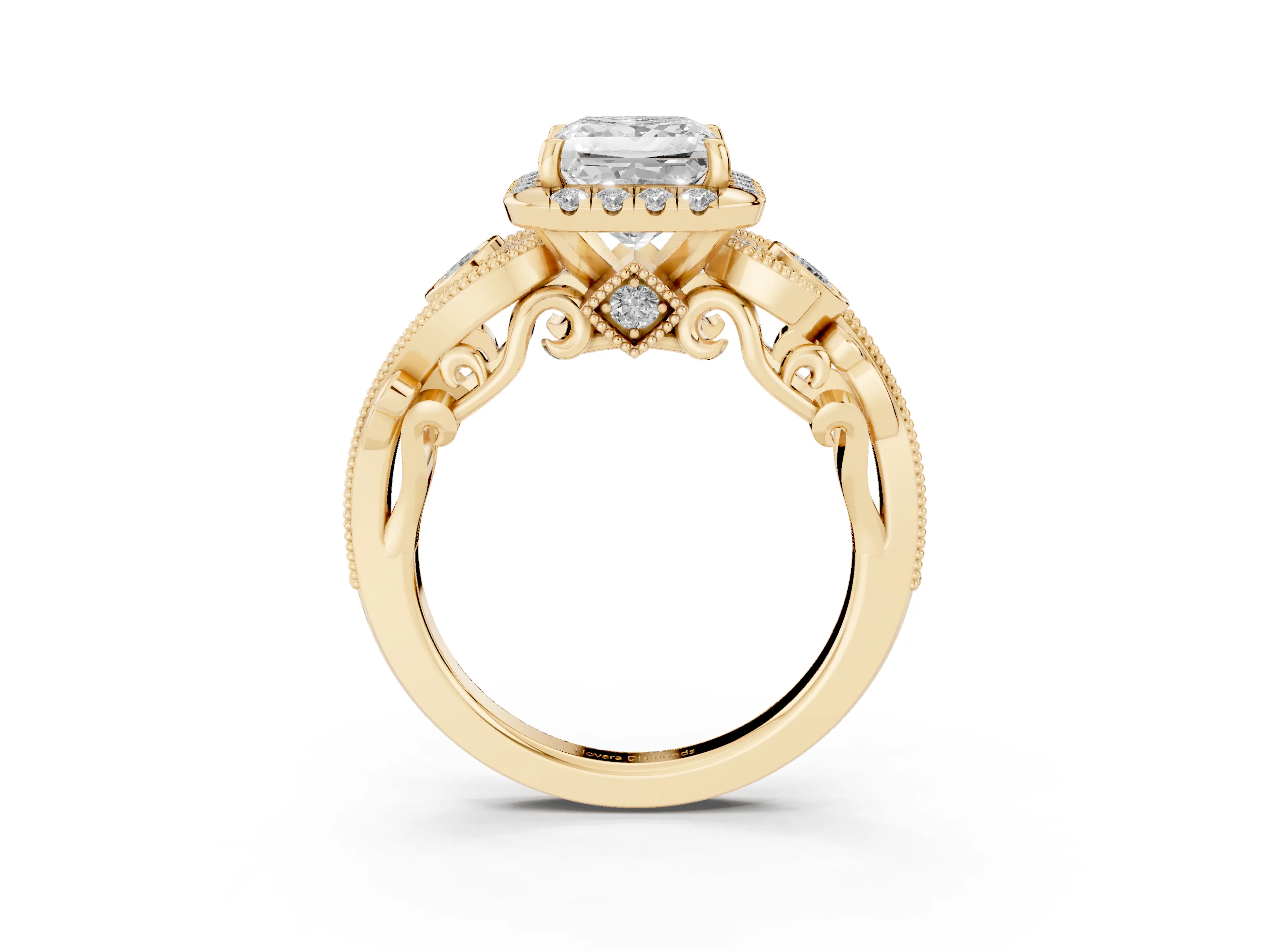 Princess Cut Diamond Halo Split Shank Ring Set in Yellow gold with Milgrain and Bezel Accents