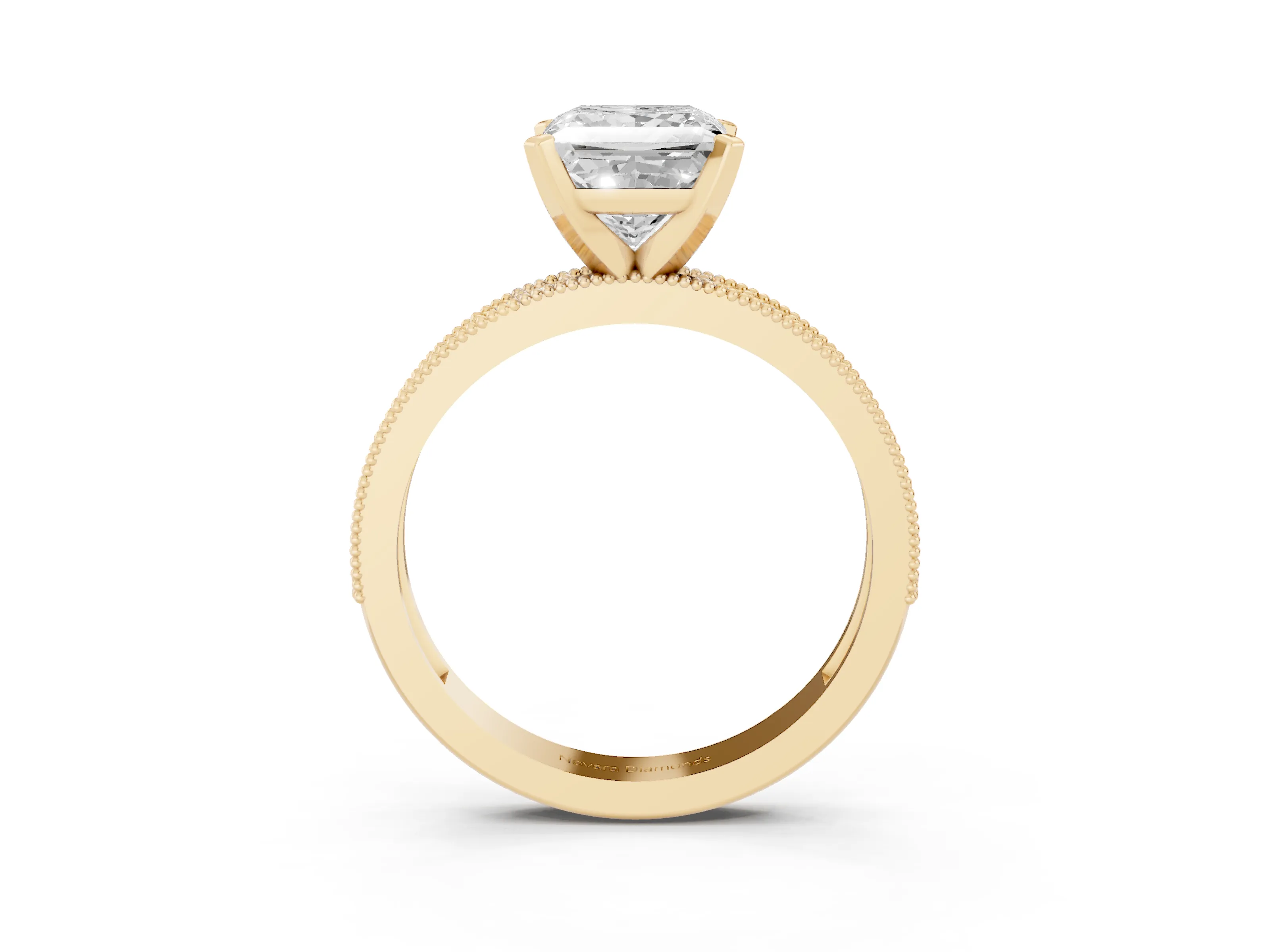 Princess Cut Diamond Milgrain Pavé Engagement Ring Set in Yellow gold with Prong Setting
