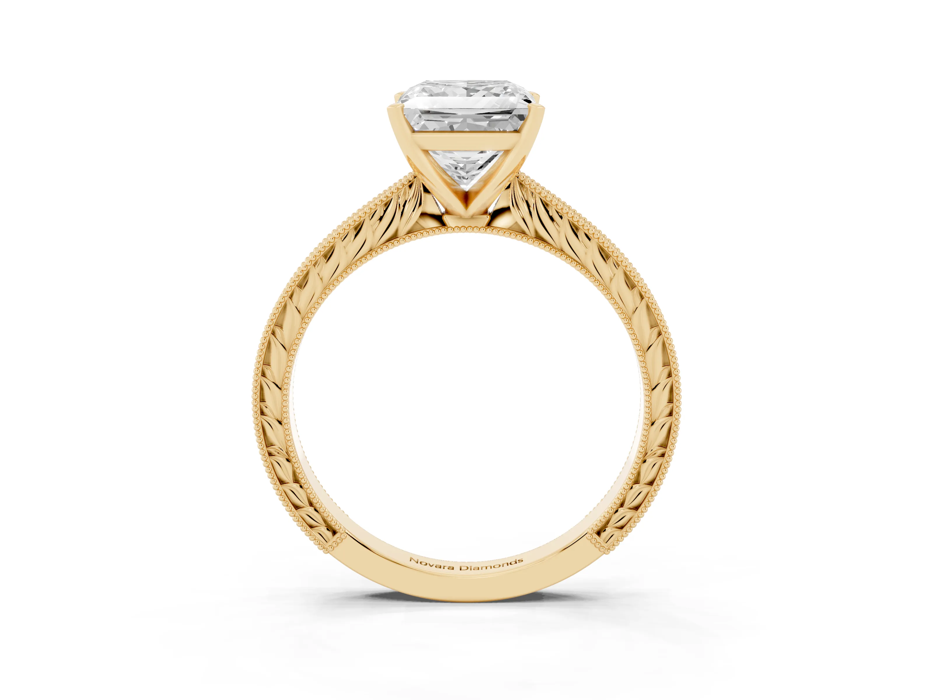 Princess Cut Diamond Solitaire Milgrain Engraved Band Set in Yellow gold with Prong Setting