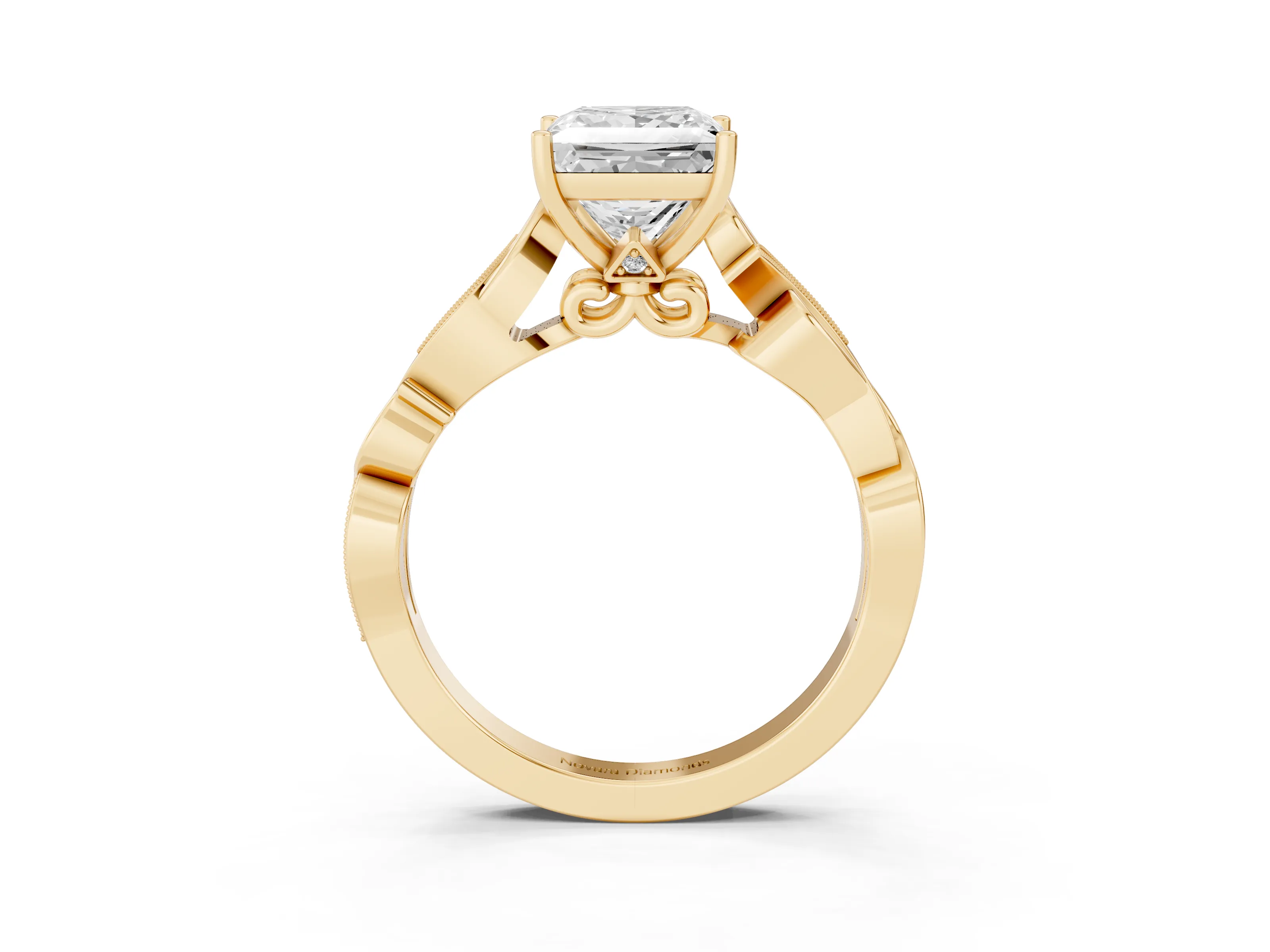 Princess Cut Diamond Vine Band Solitaire Ring Set in Yellow gold with Milgrain Prong Setting