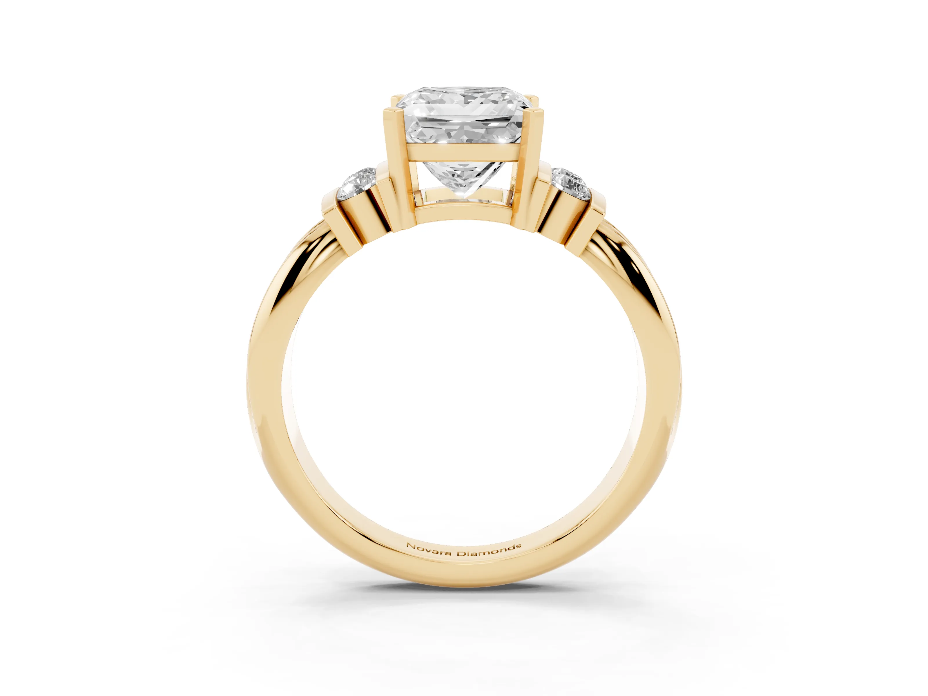 Three-Stone Princess Cut Diamond Channel Set Ring Set in Yellow gold with Bar Prongs