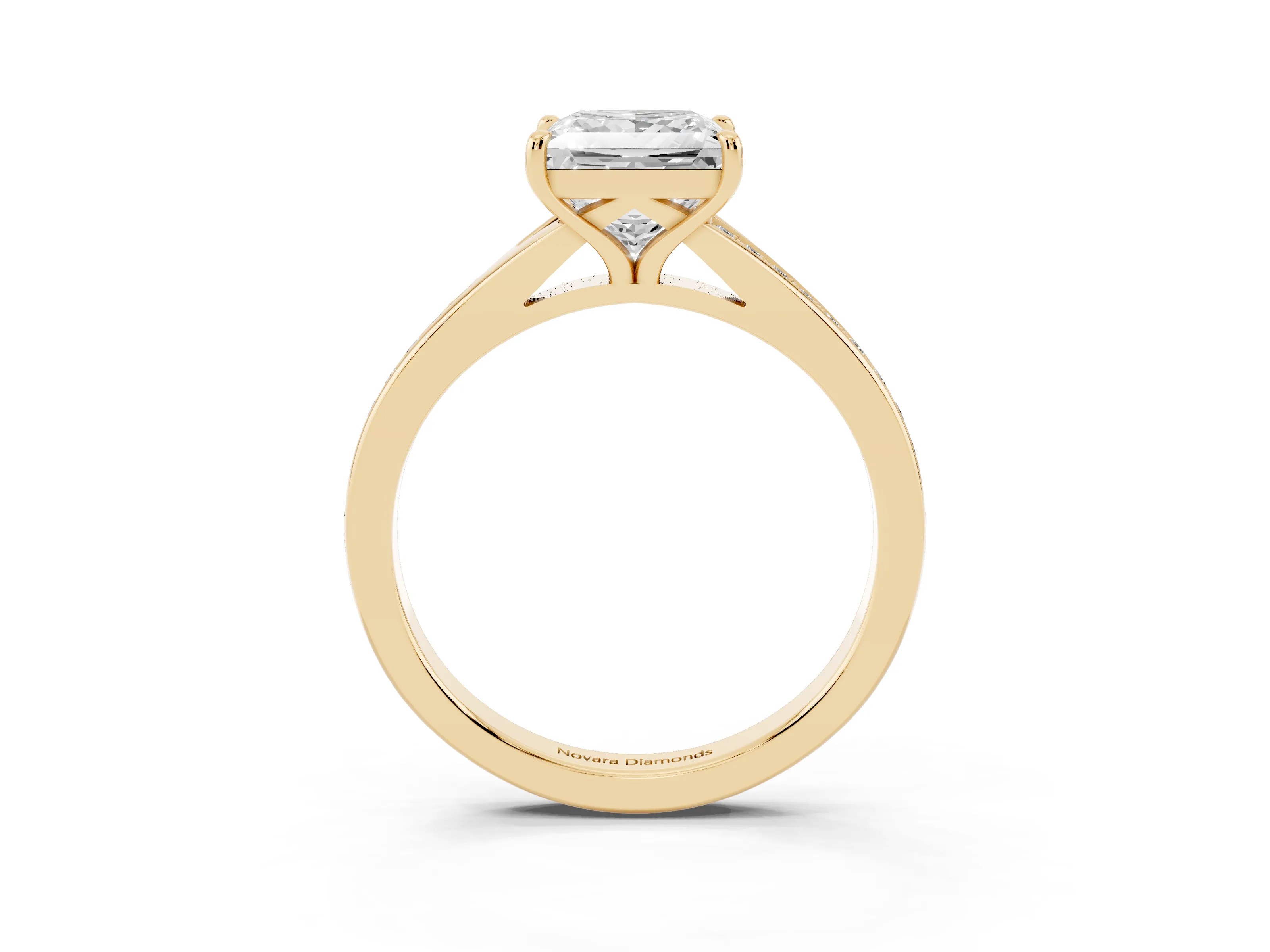 Princess Cut Diamond Solitaire Ring Set in Yellow gold with Pavé Accent Band and Classic Prong Setting