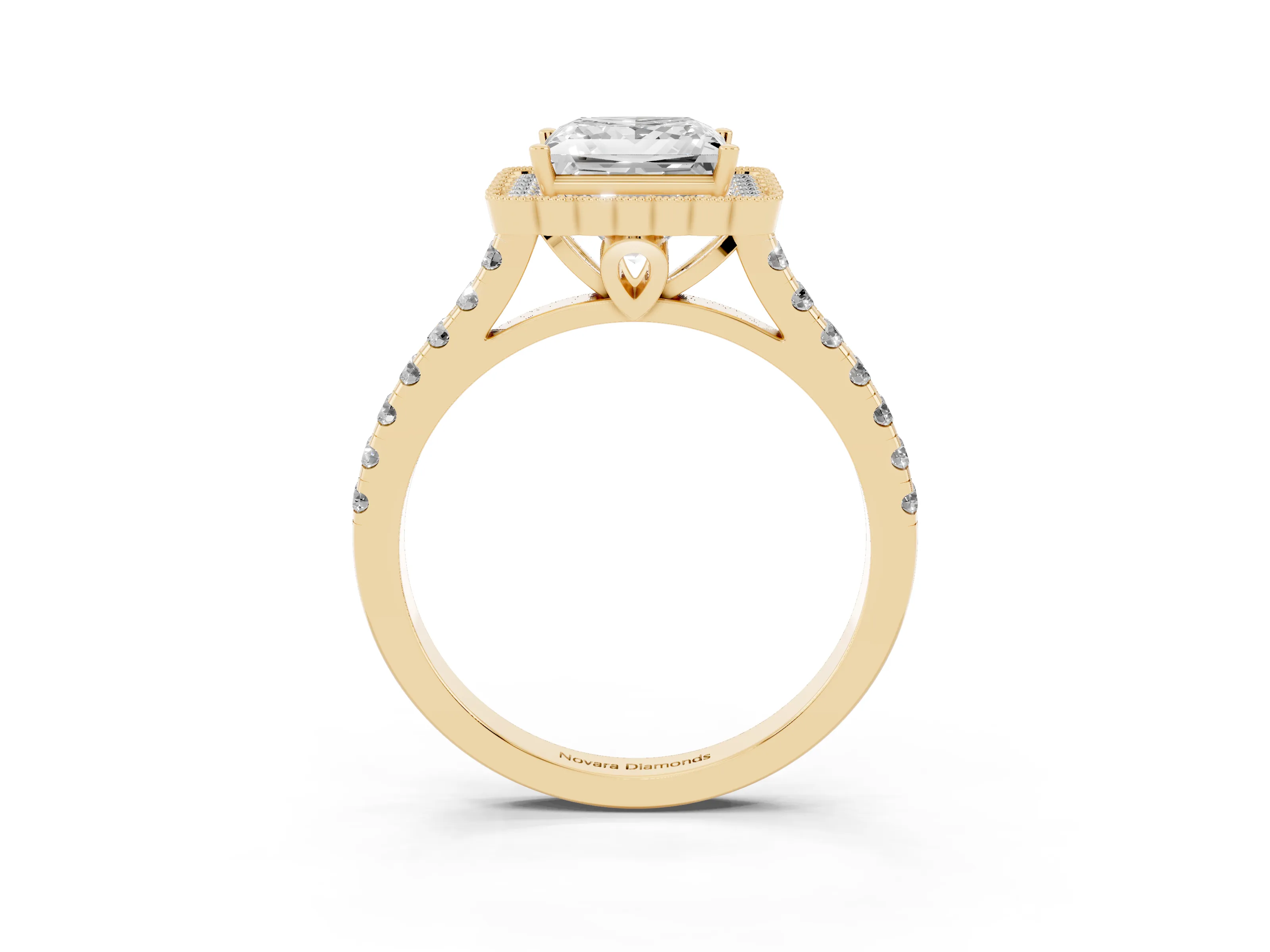 Princess Cut Diamond Milgrain Floral Halo Engagement Ring Set in Yellow gold with Pavé Band