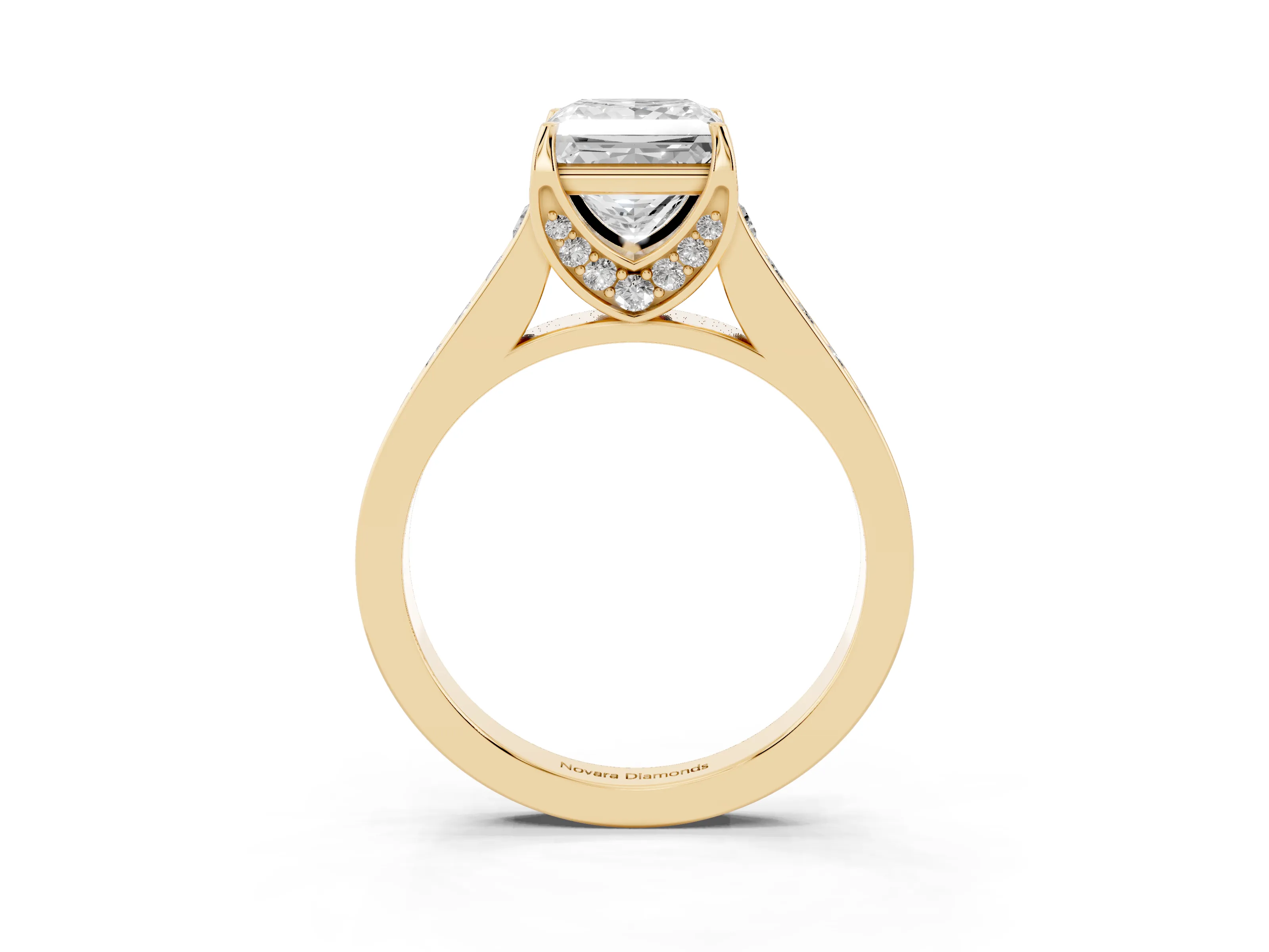 Princess Cut Diamond Solitaire Pavé Engagement Ring Set in Yellow gold with Prong Setting