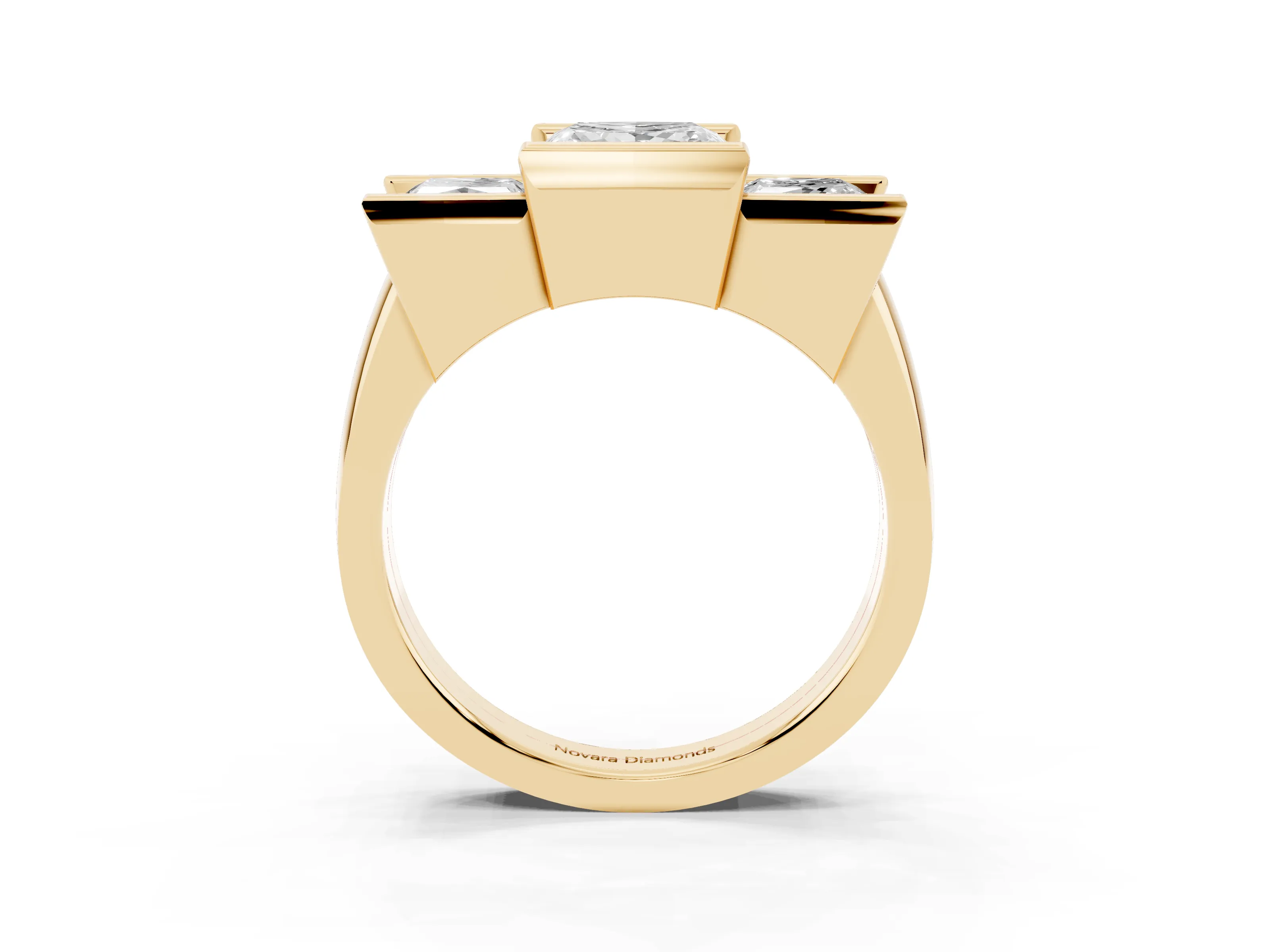 Princess Cut Diamond Three-Stone Channel Set Ring Set in Yellow gold with Smooth Polished Band