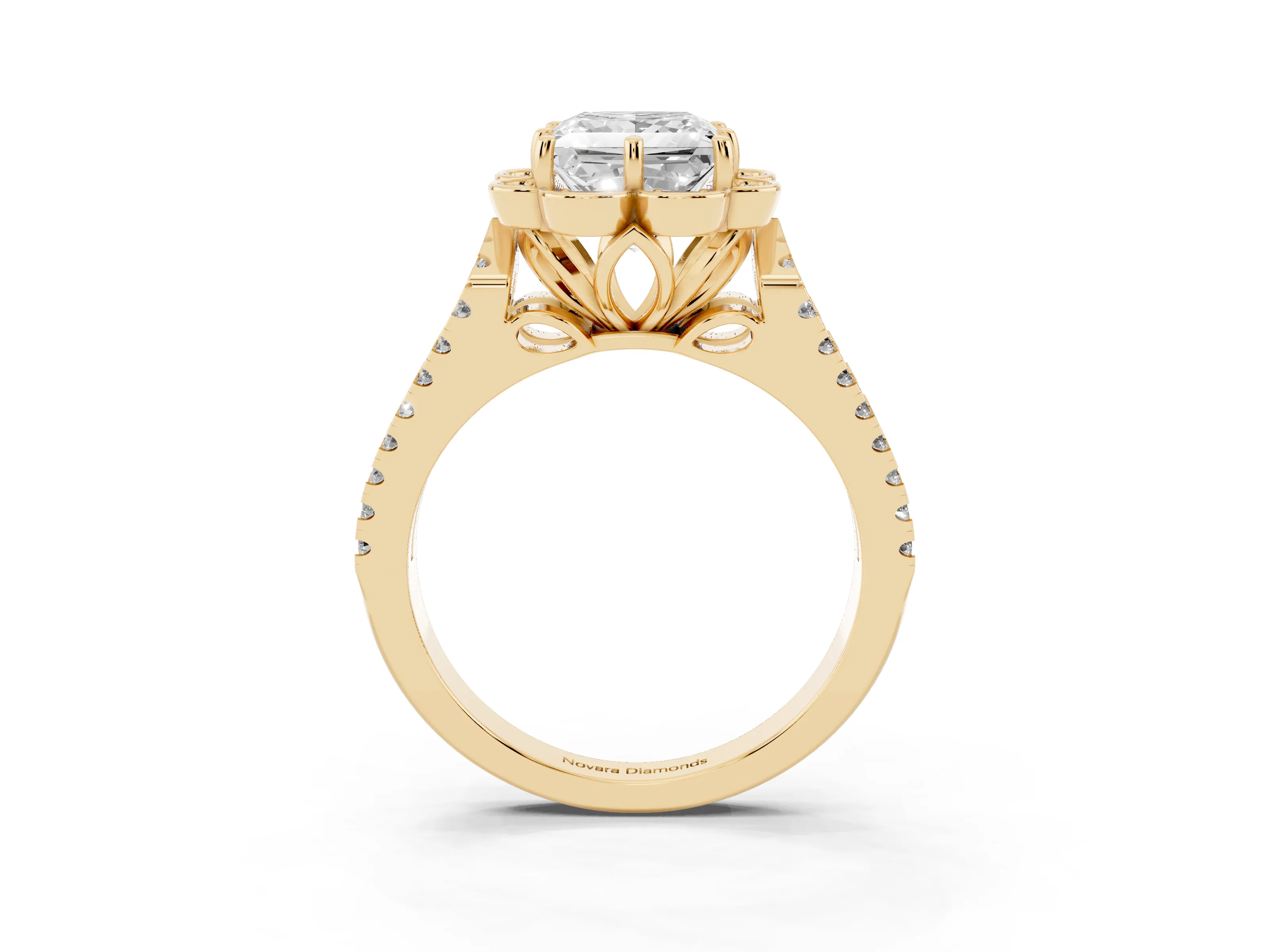 Princess Cut Diamond Floral Halo Split Shank Engagement Ring Set in Yellow gold with Pavé Shank