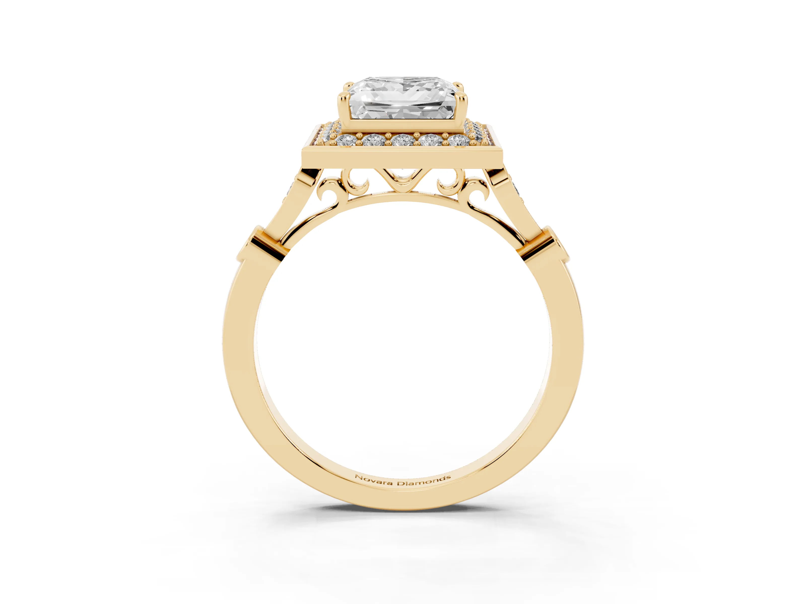 Princess Cut Diamond Halo Engagement Ring Set in Yellow gold with Twisted Band and Prong Setting