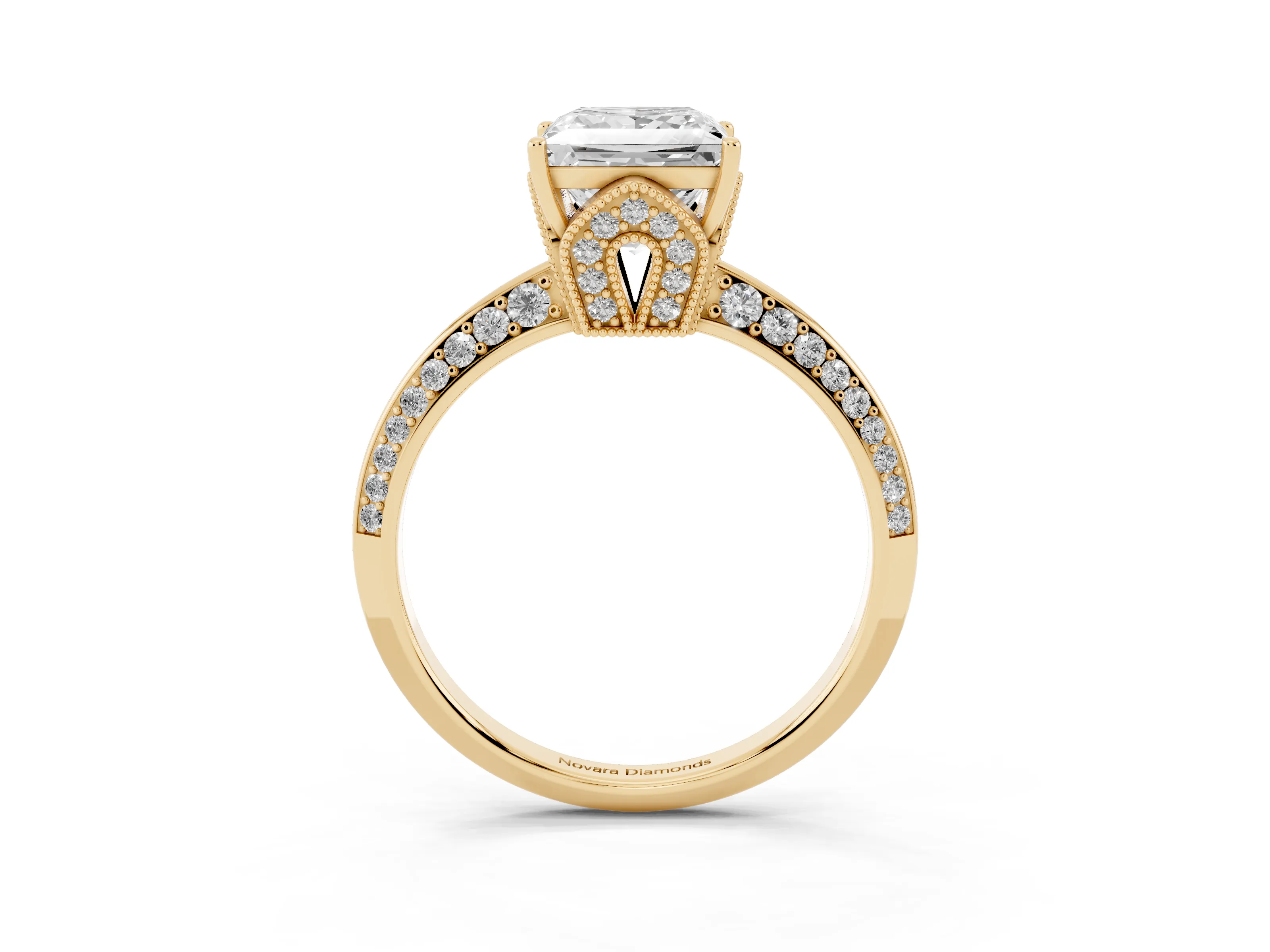 Princess Cut Diamond Solitaire Engagement Ring Set in Yellow gold with Pavé Split Shank and Prong Setting