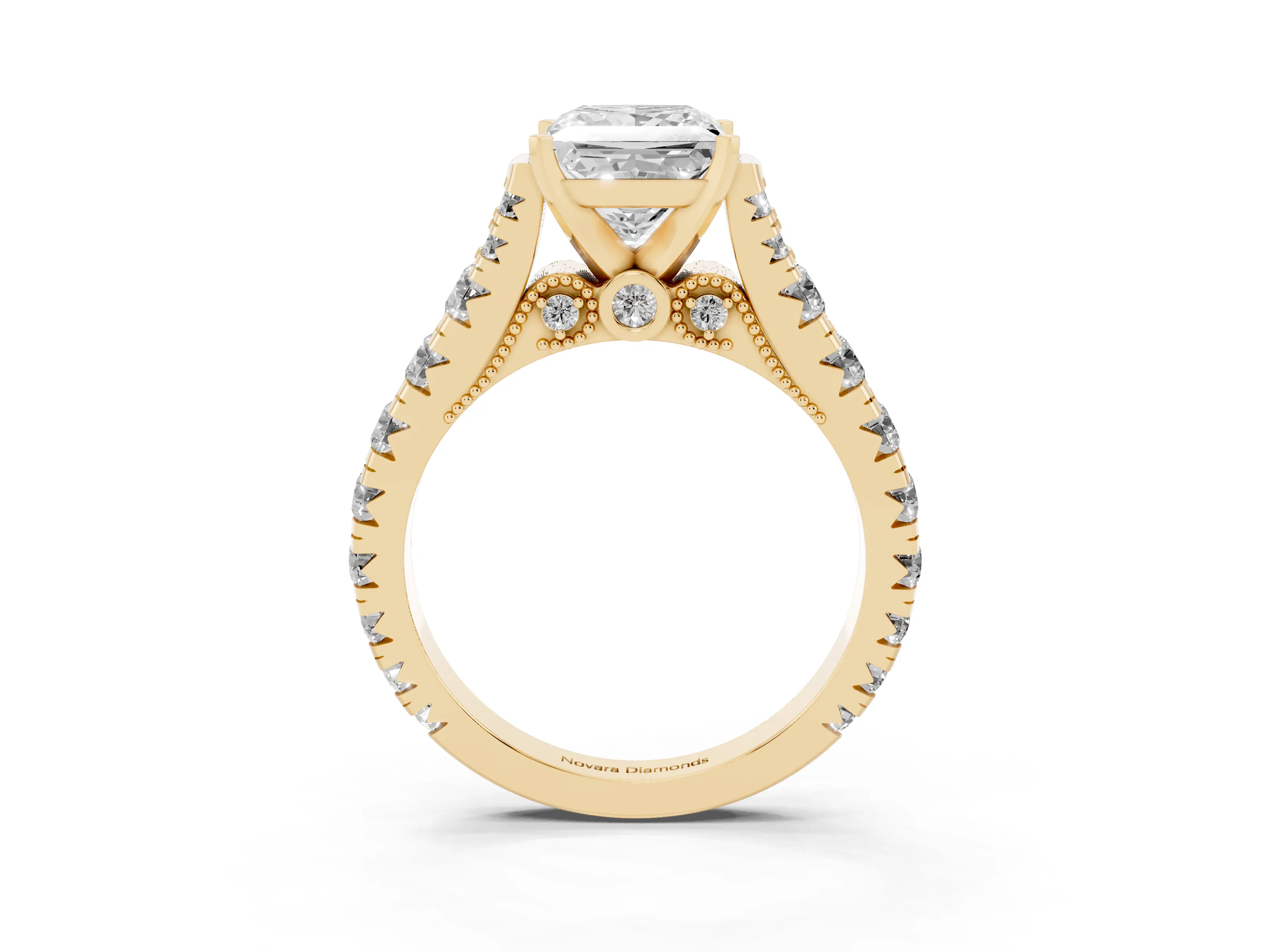 Princess Cut Diamond Classic Solitaire Ring Set in Yellow gold with Pavé Band and Prong Setting