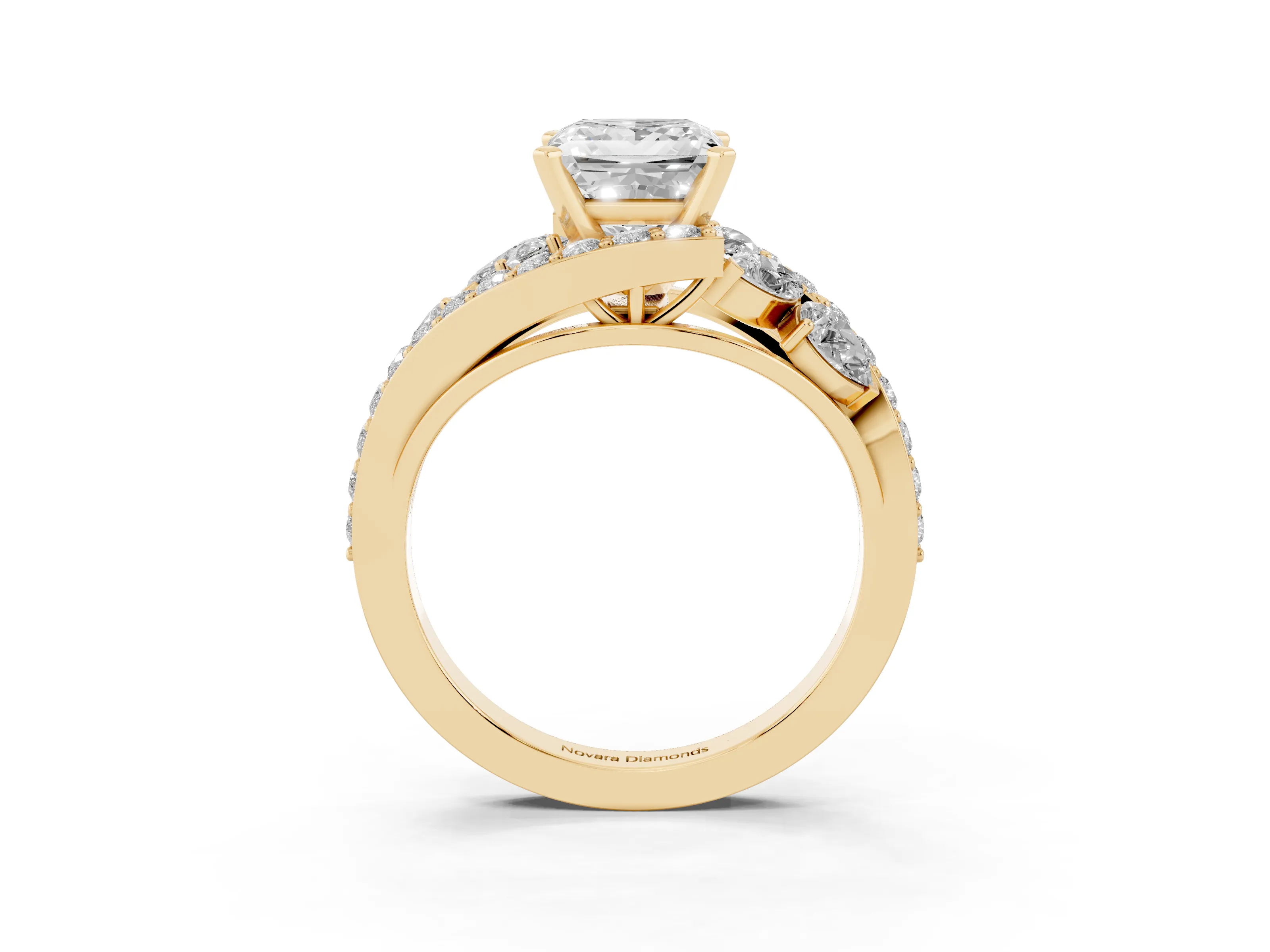 Princess Cut Diamond Halo Ring Set in Yellow gold with Marquise and Pavé Band in Prong Setting