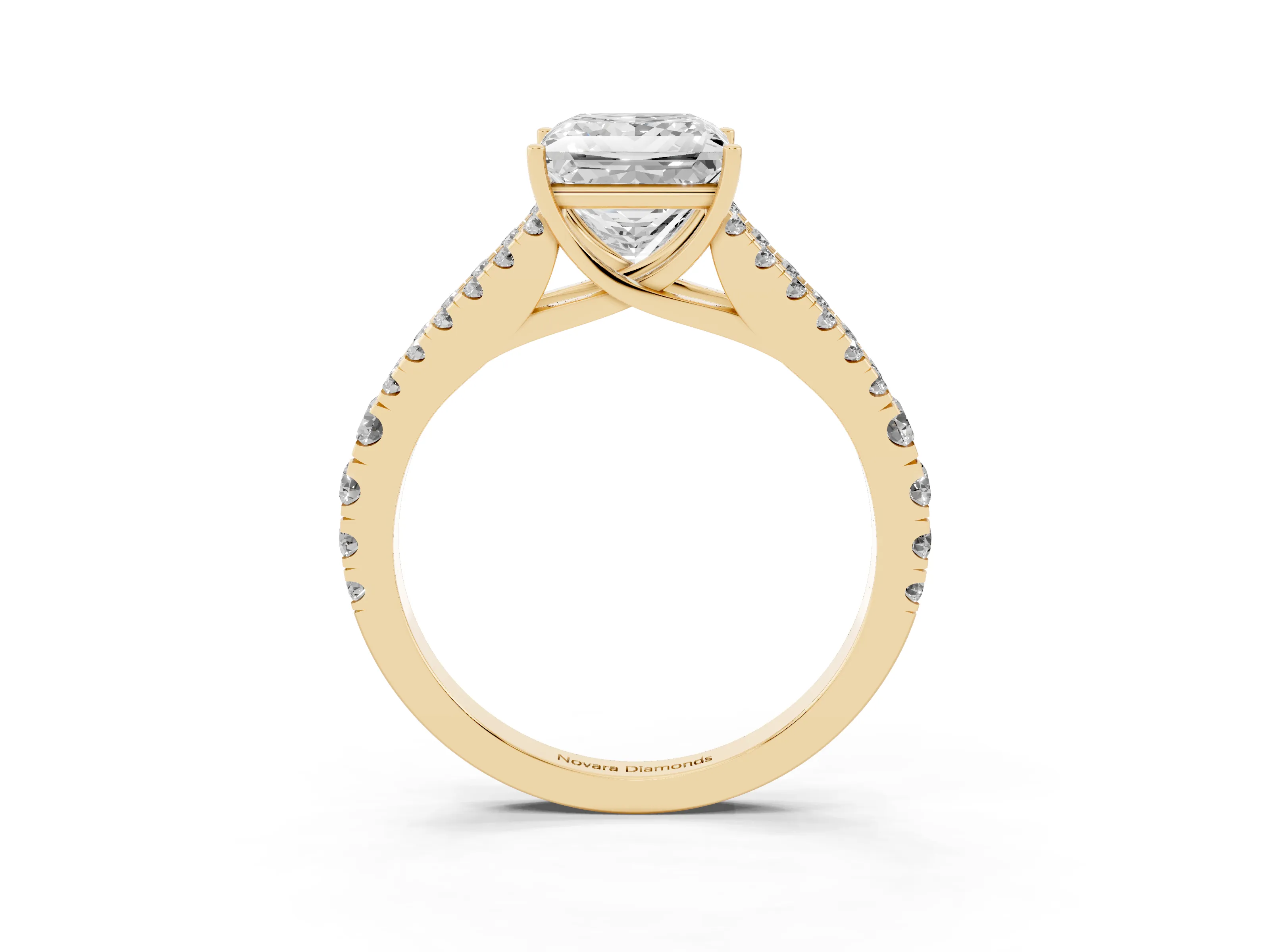 Princess Cut Diamond Split Shank Pavé Engagement Ring Set in Yellow gold with Prong-Held Center Stone