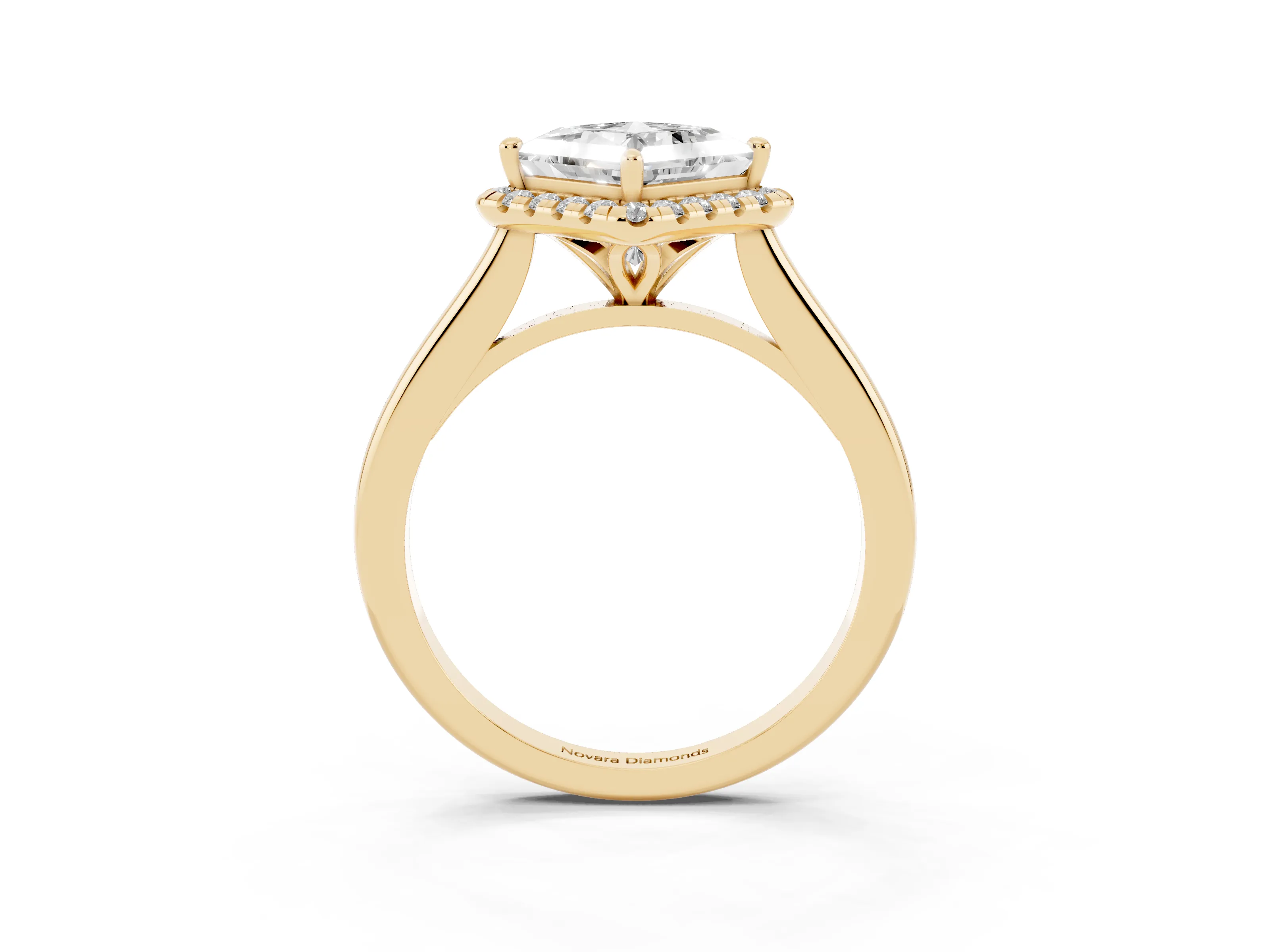 Princess Cut Diamond Halo Engagement Ring Set in Yellow gold with Pavé Band and Rising Shoulders