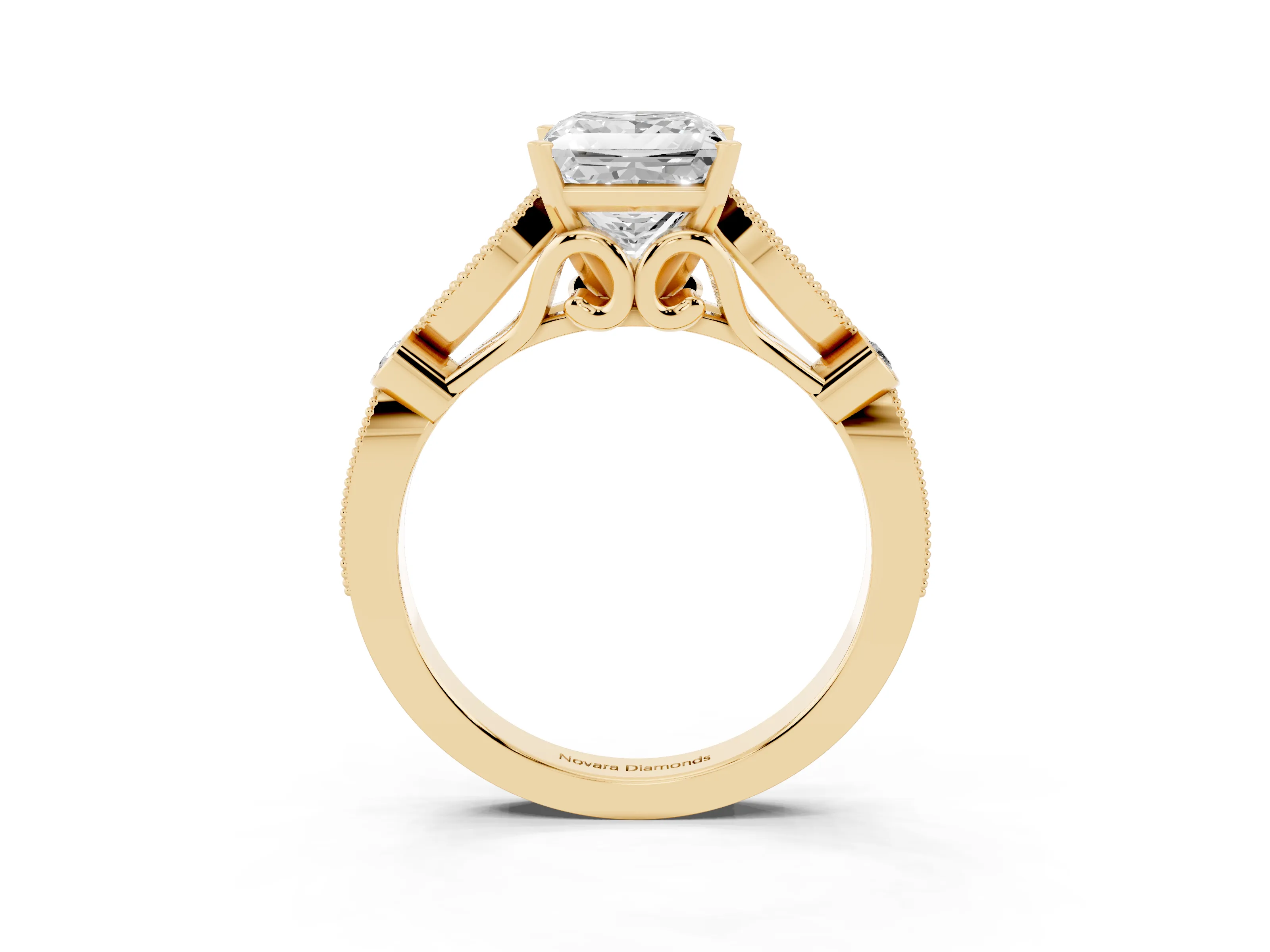 Princess Cut Diamond Solitaire Ring Set in Yellow gold with Milgrain Marquise and Bezel Accents