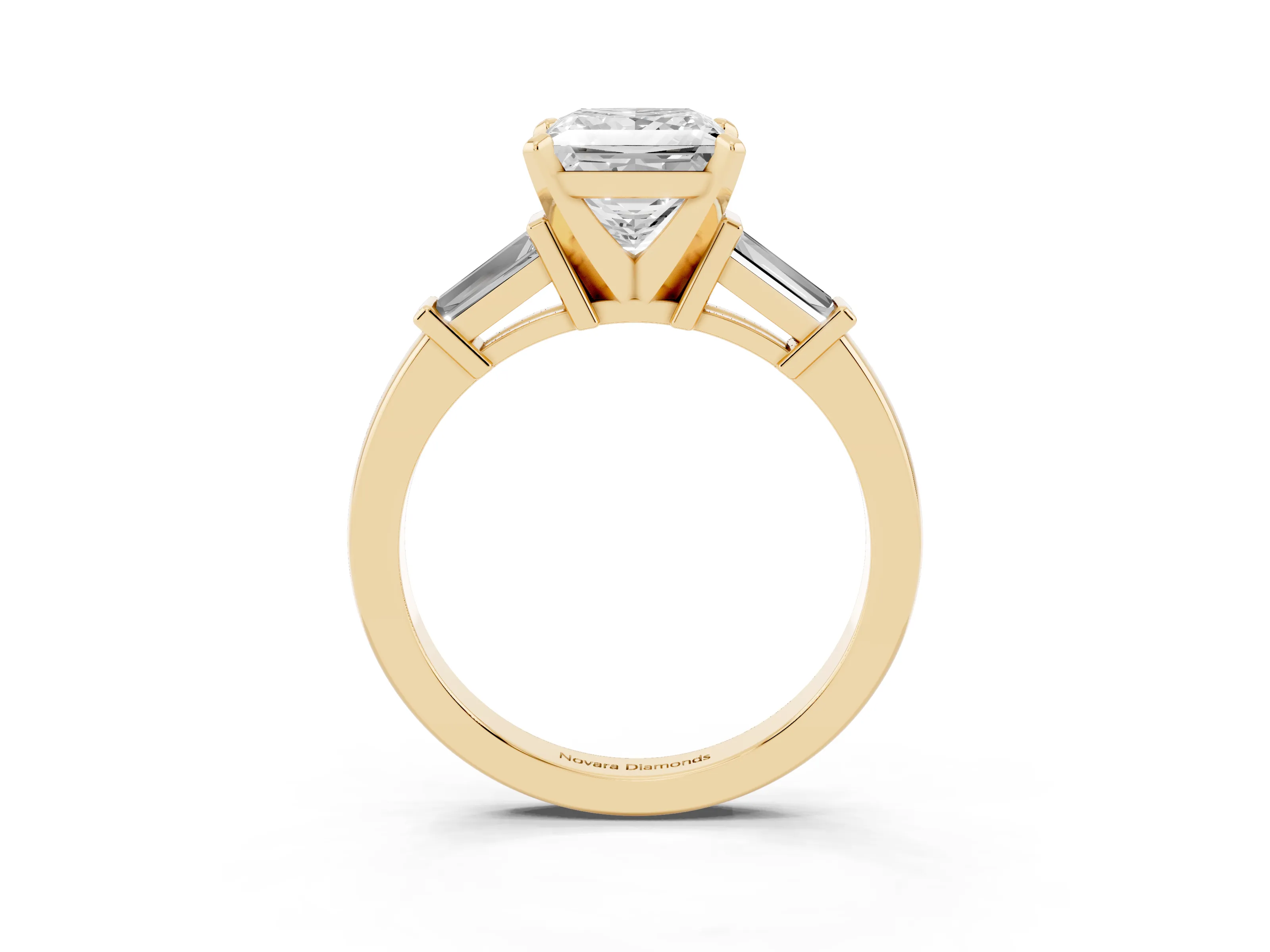 Princess Cut Diamond Solitaire Ring Set in Yellow gold with Tapered Baguette Accents and Prong Setting