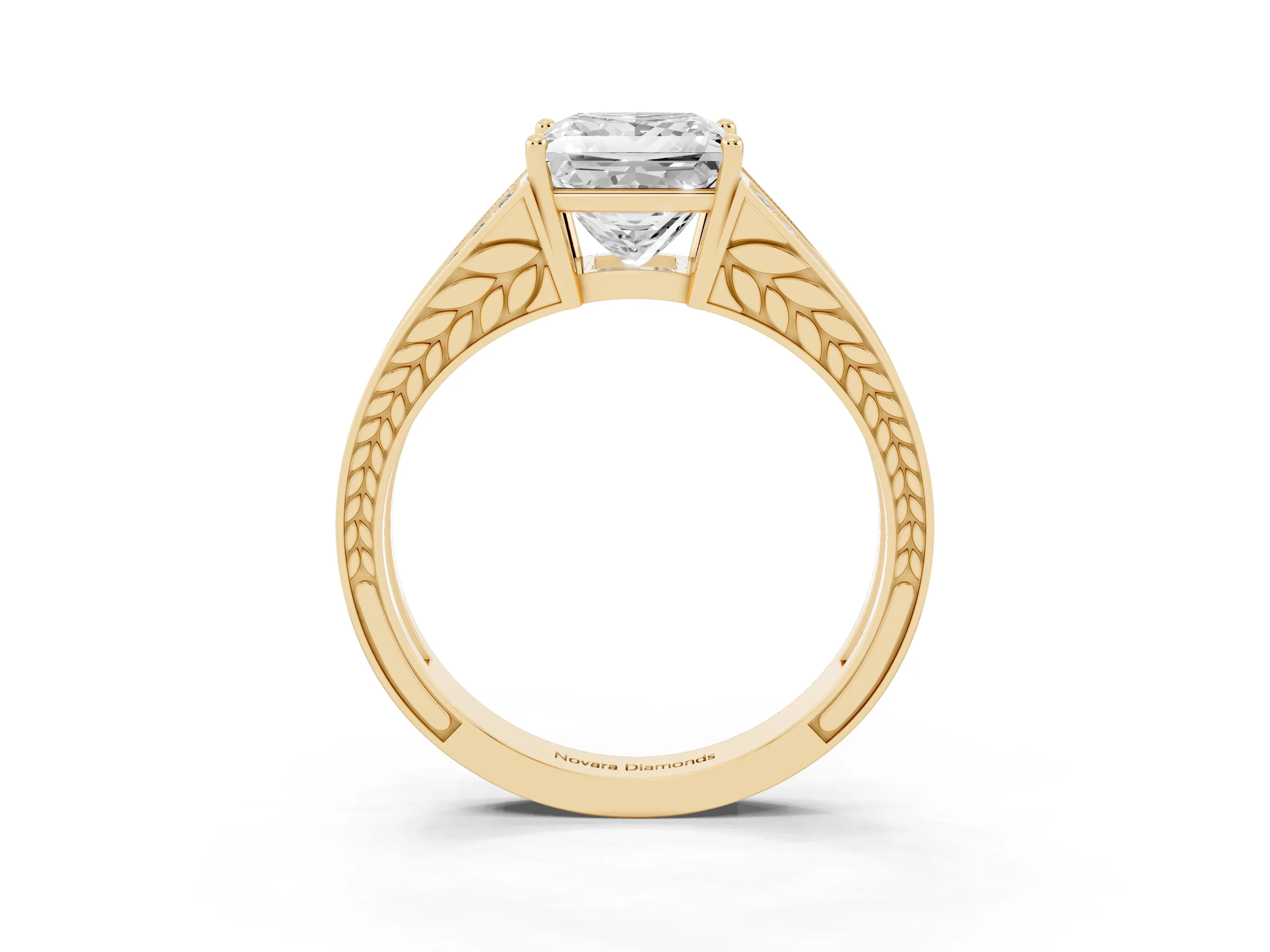 Princess Cut Diamond Split Shank Ring Set in Yellow gold with Pavé Band and Prong Setting