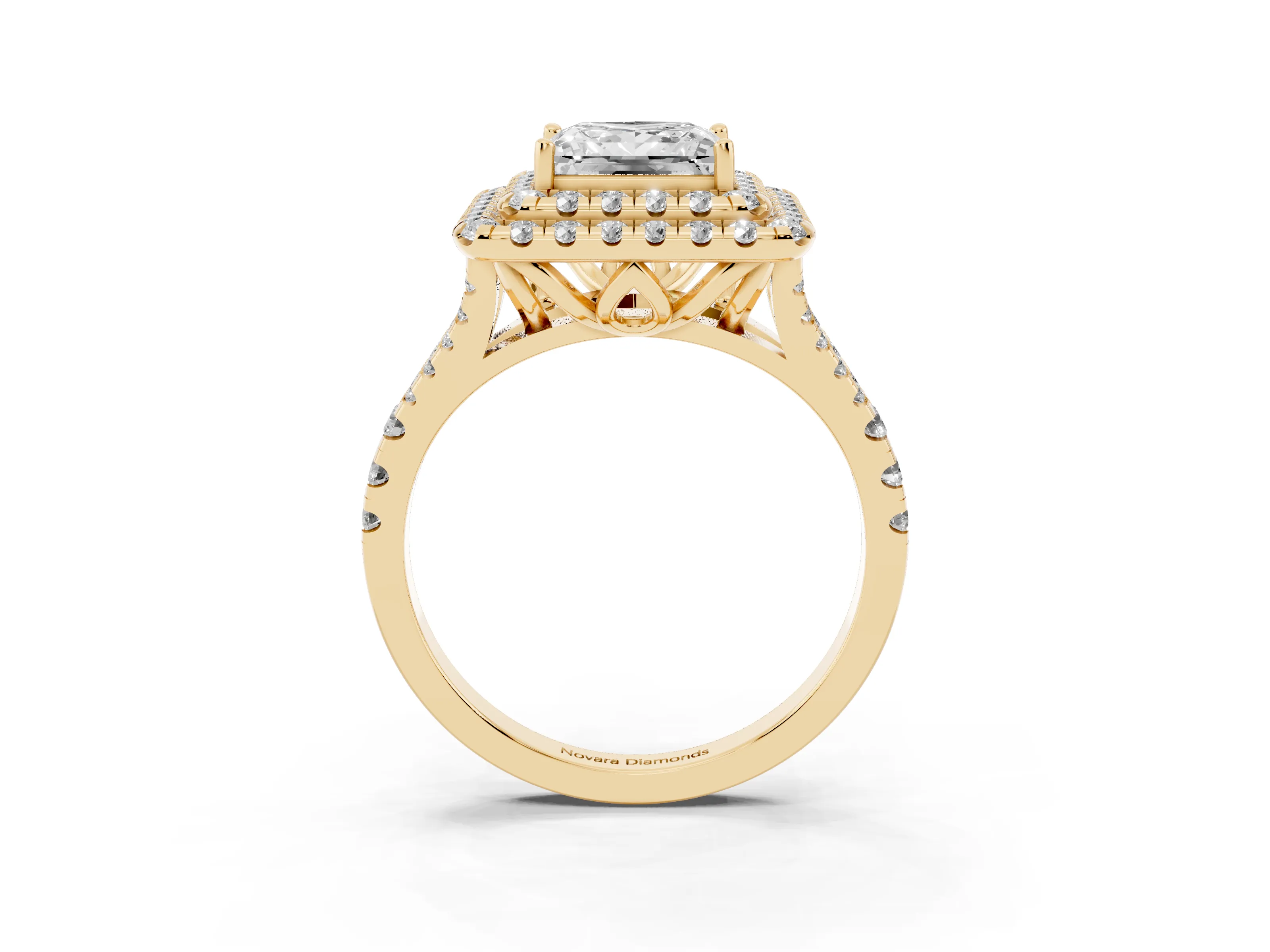Princess Cut Diamond Double Halo Ring Set in Yellow gold with Pavé Split Shank and Prong Setting