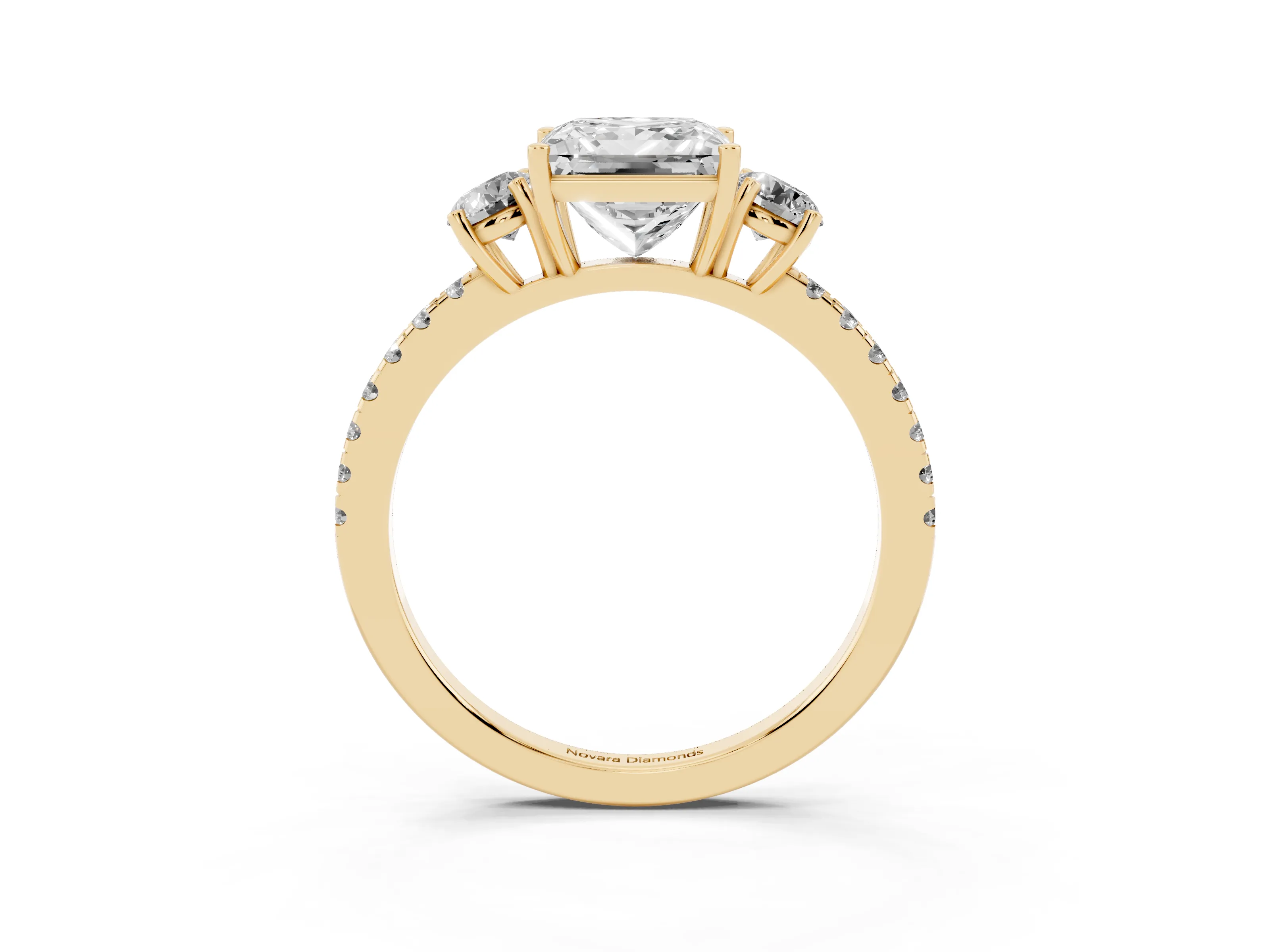Princess Cut Diamond Three-Stone Ring Set in Yellow gold with Pavé Band and Graduated Sides