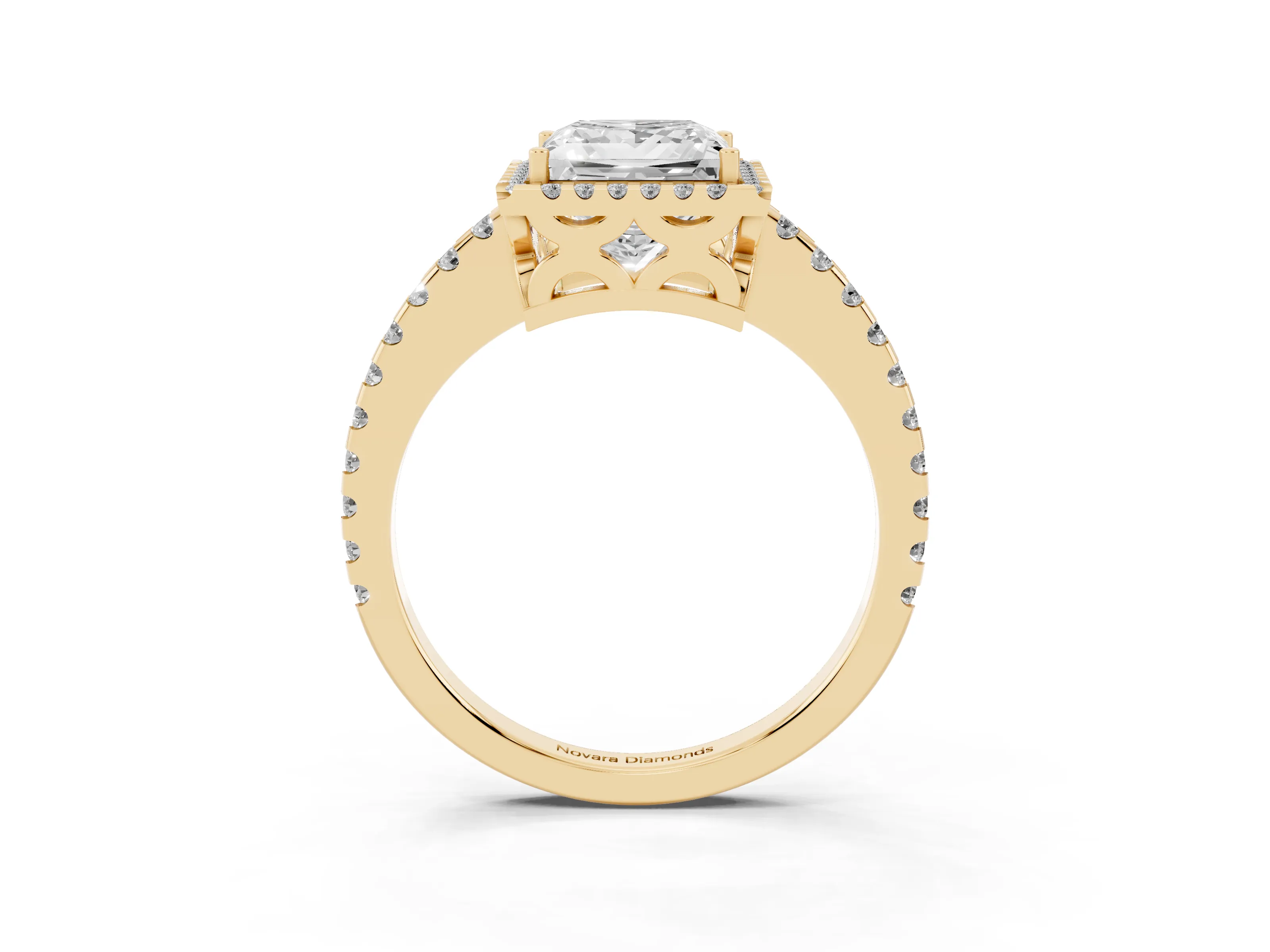 Princess Cut Diamond Halo Ring Set in Yellow gold with Pavé Shoulders and Halo-Framed Center