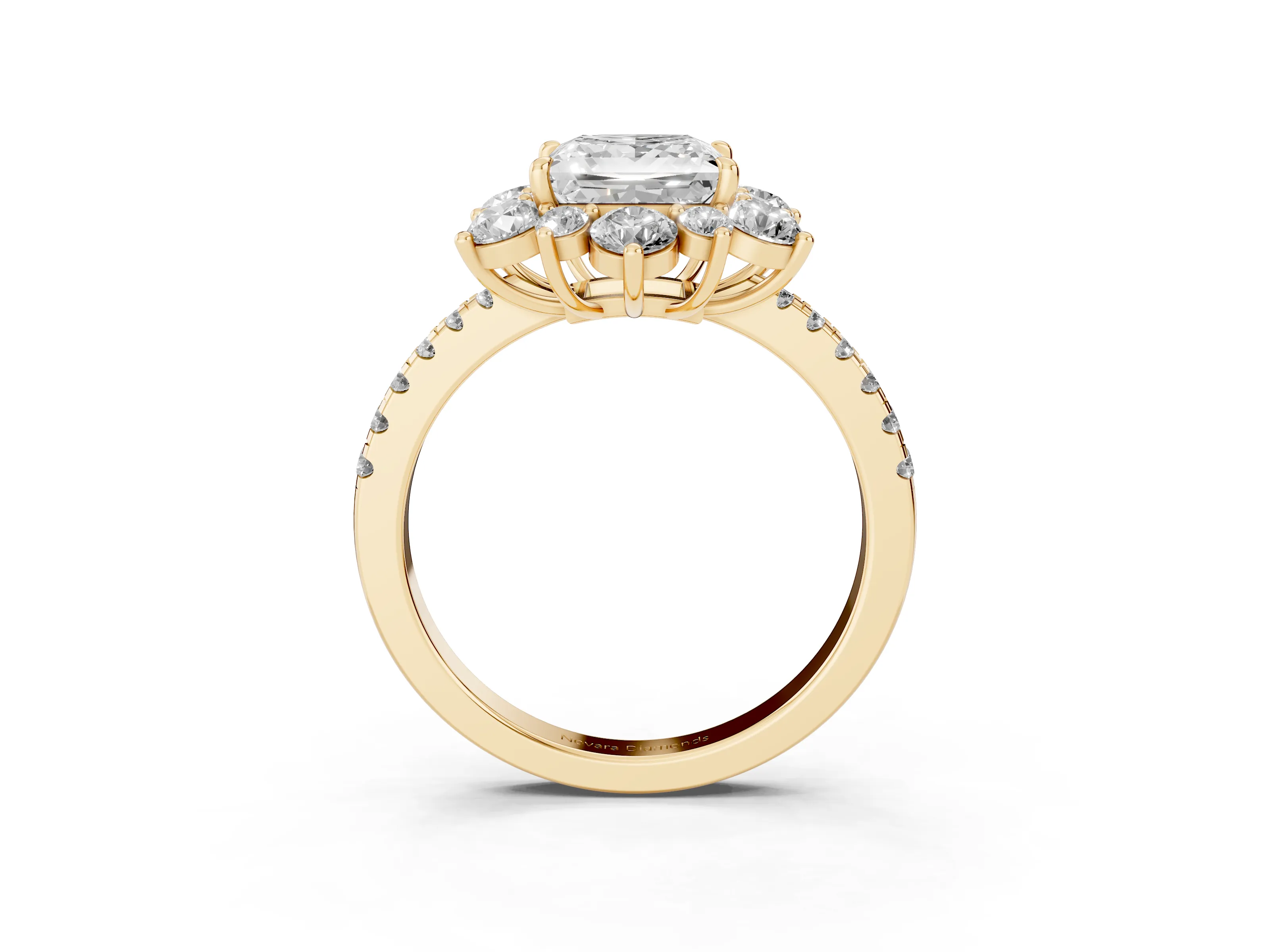 Princess Cut Diamond Floral Halo Ring Set in Yellow gold with Round Pavé Band and Prong Setting