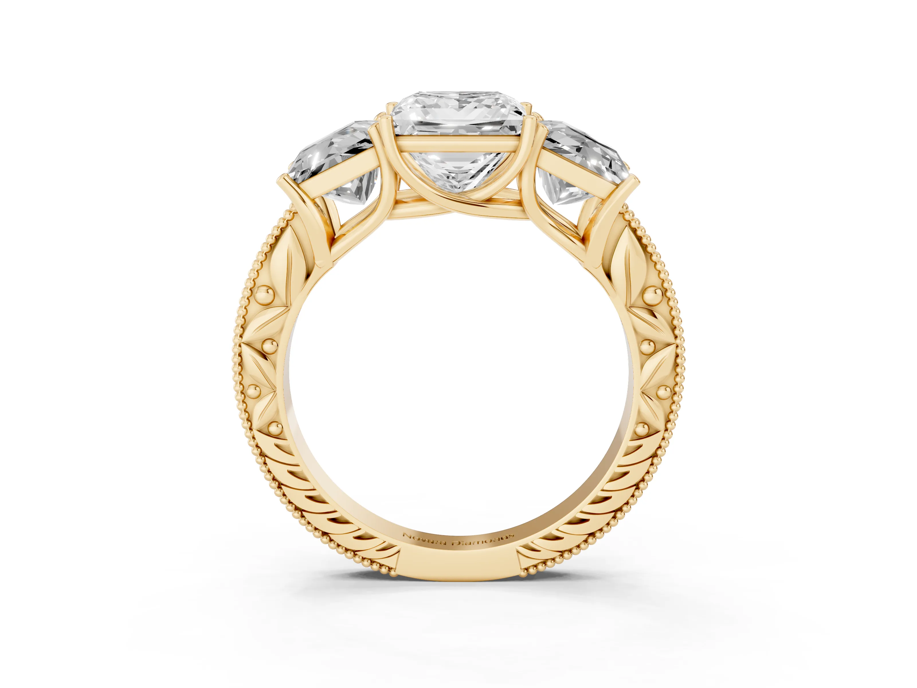 Princess Cut Diamond Three-Stone Engagement Ring Set in Yellow gold with Milgrain Pavé Band