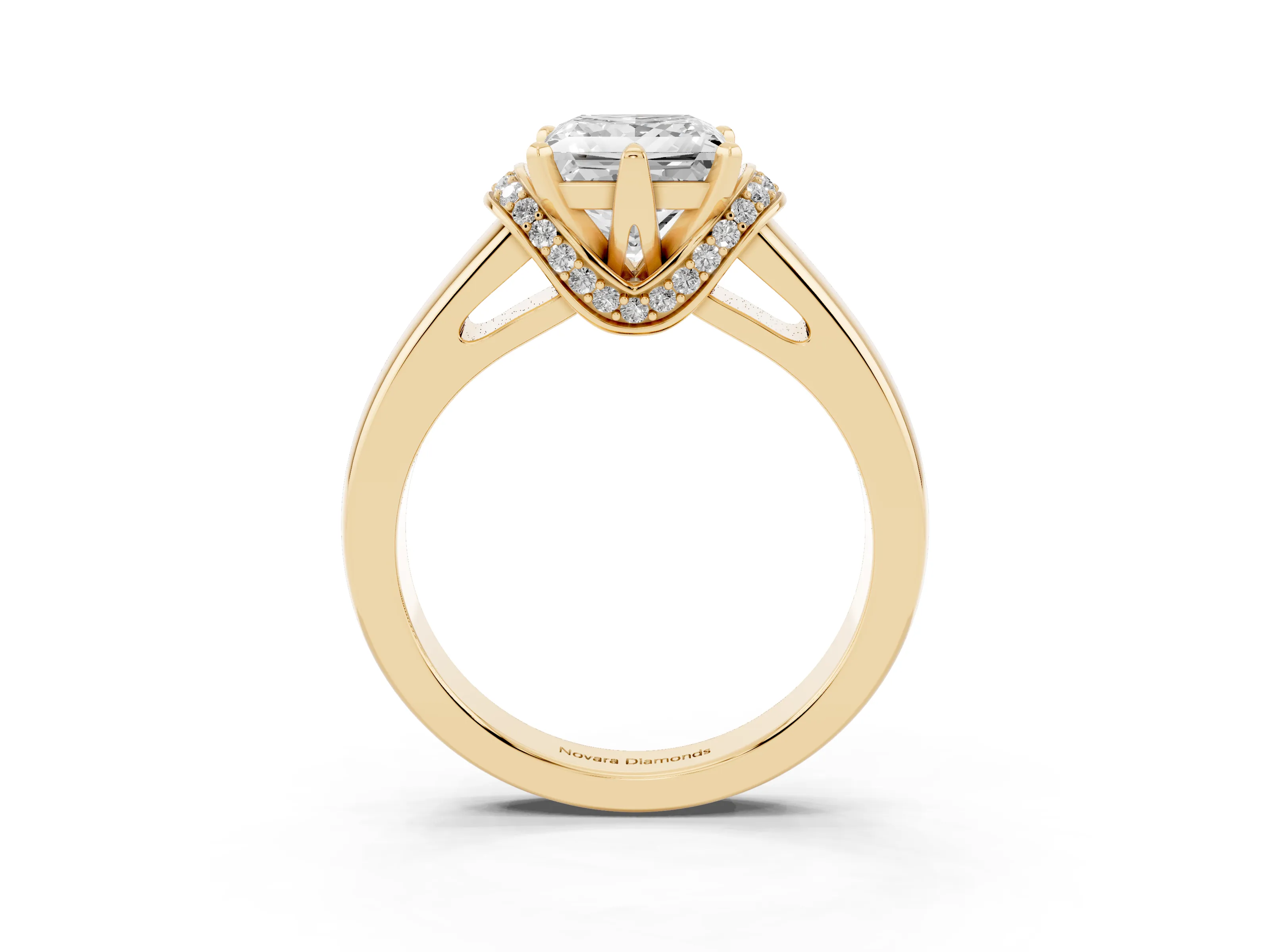 Princess Cut Diamond Pavé Band Solitaire Ring Set in Yellow gold with Prong Setting
