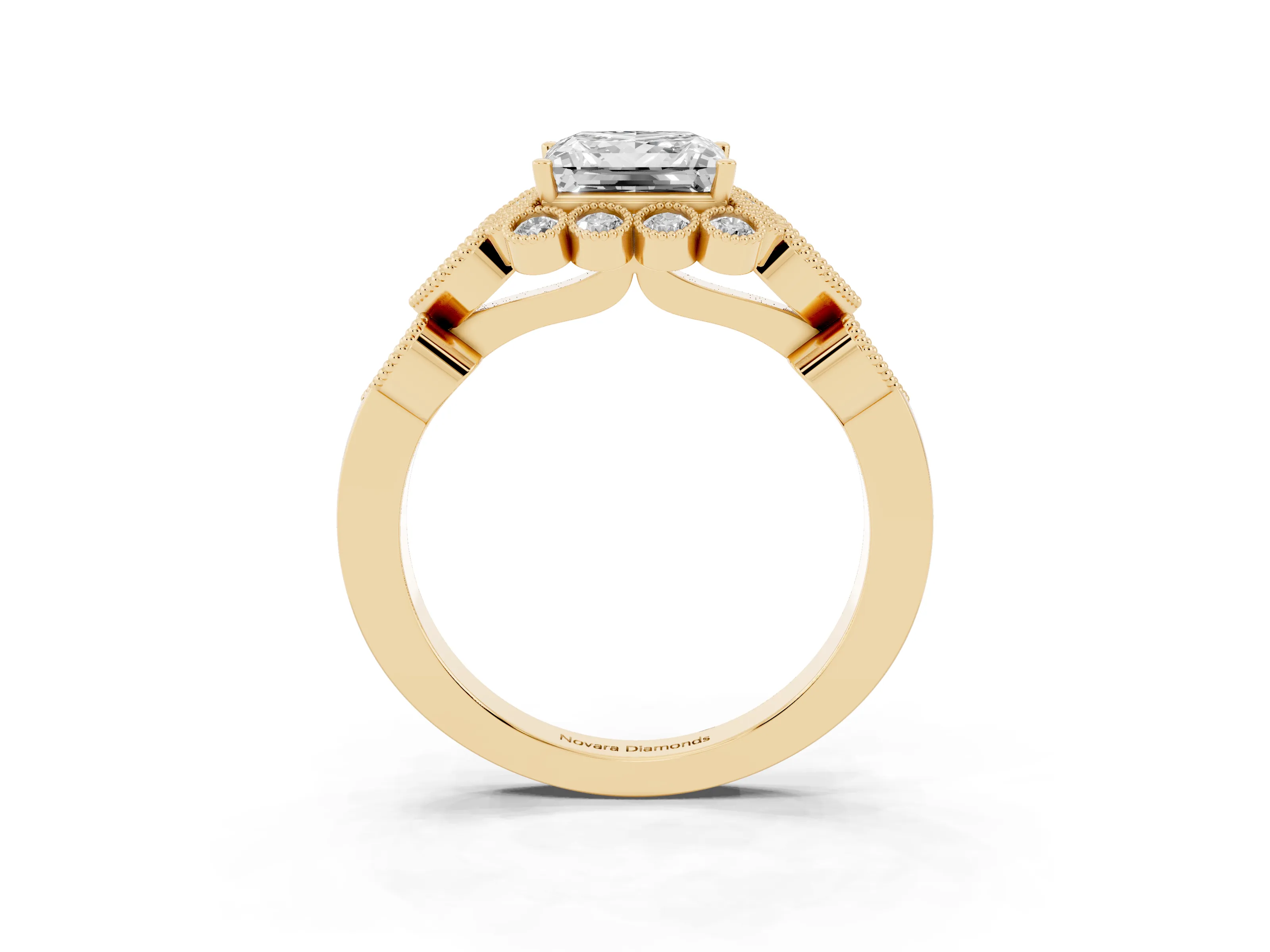 Princess Cut Diamond Solitaire Ring Set in Yellow gold with Milgrain Pavé Heart Band
