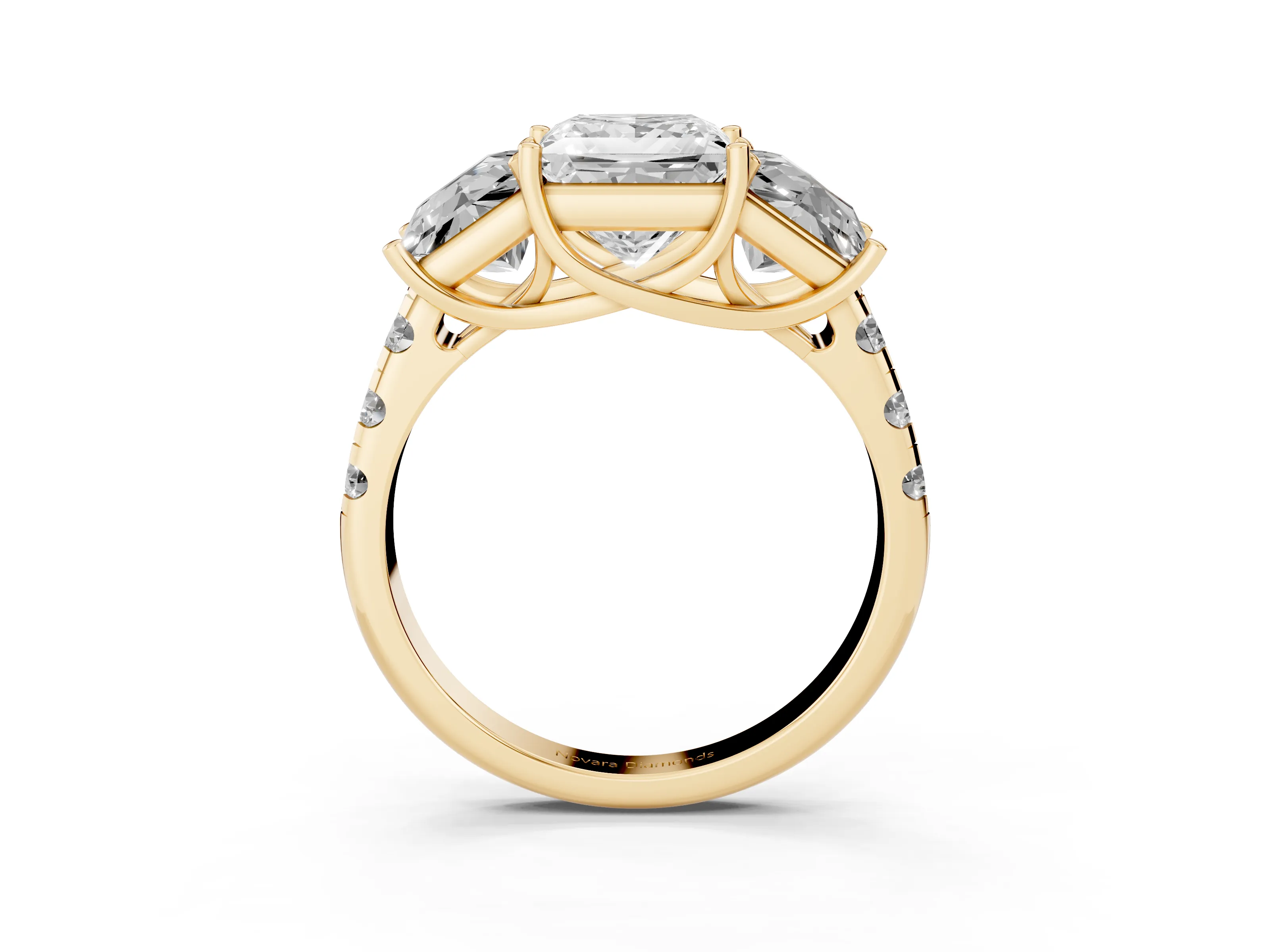 Princess Cut Diamond Three-Stone Ring Set in Yellow gold with Pavé Band