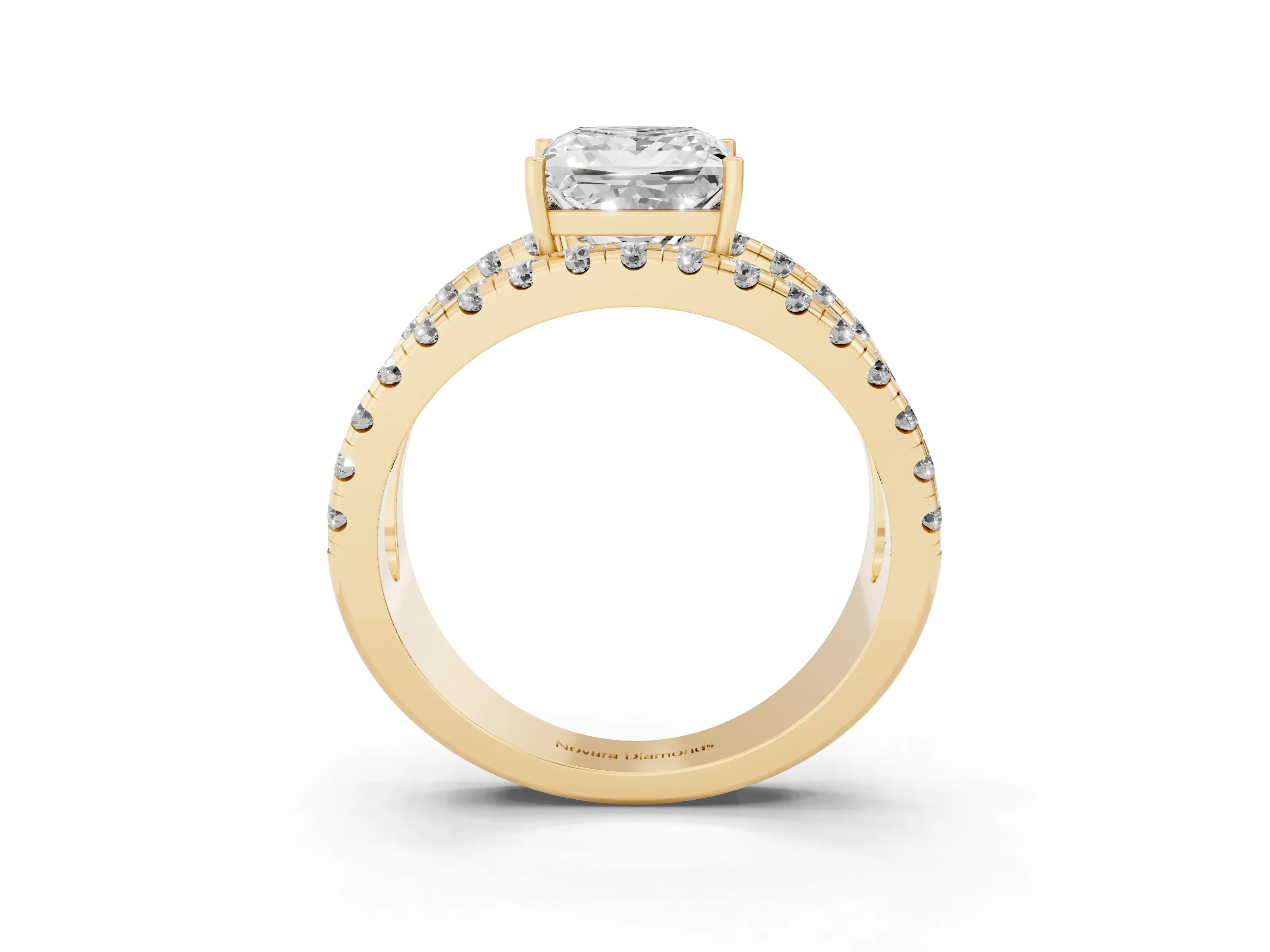 Princess Cut Diamond Split Shank Pavé Solitaire Ring Set in Yellow gold with Open Shank Design