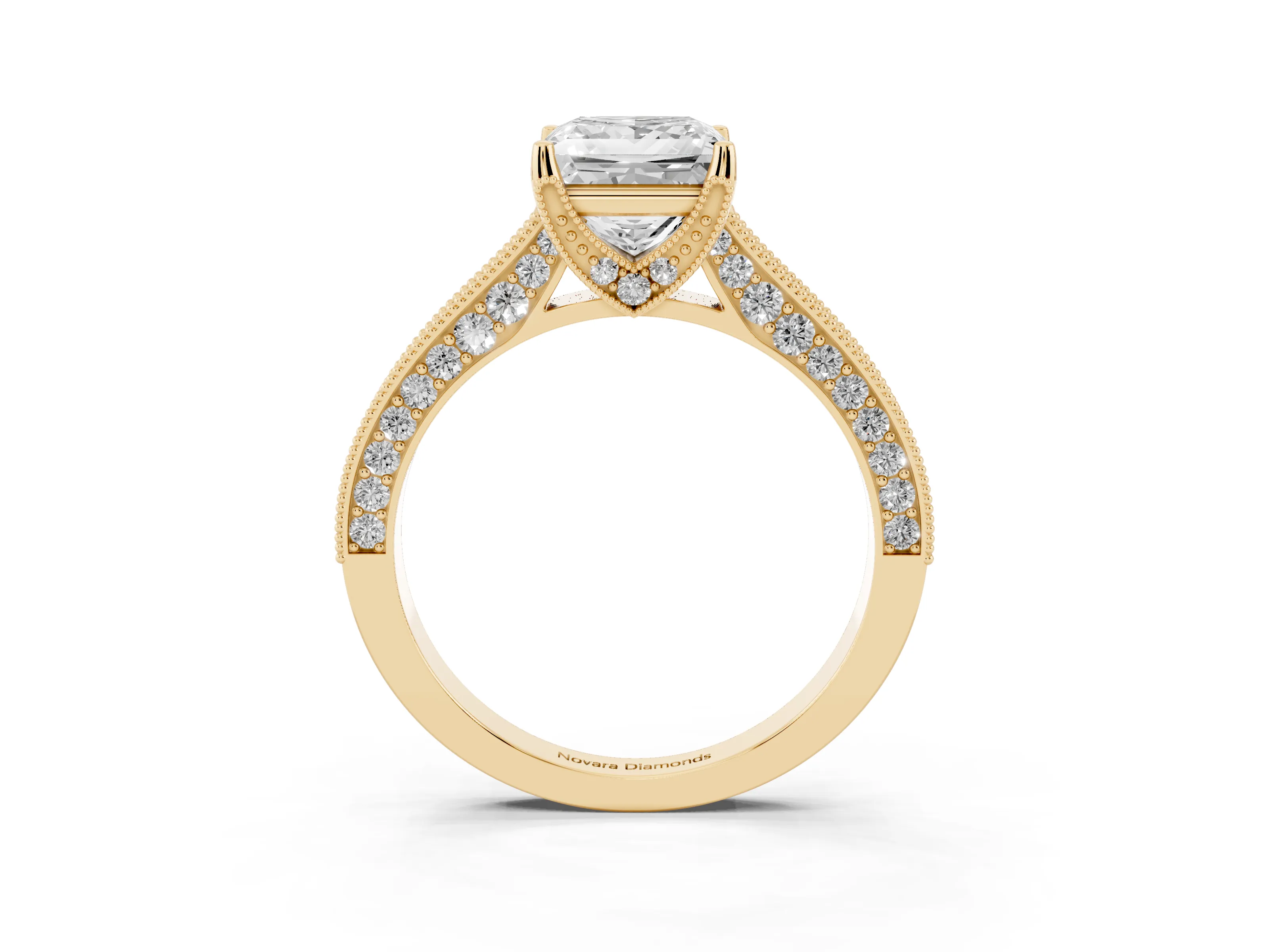Princess Cut Diamond Solitaire Ring Set in Yellow gold with Milgrain-Edged Pavé Band and Prong Setting