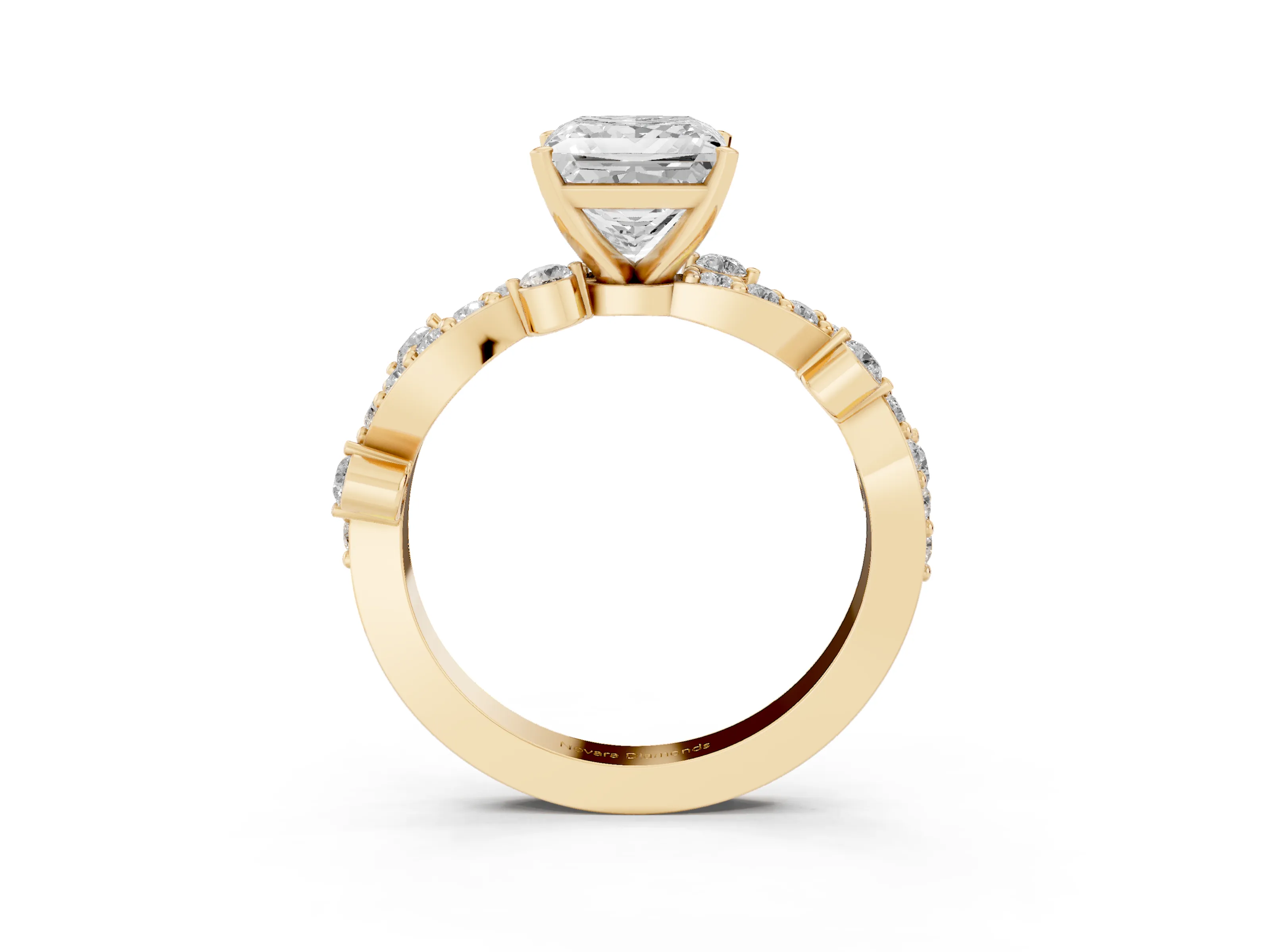 Princess Cut Diamond Solitaire Twisted Band Set in Yellow gold with Pavé Setting