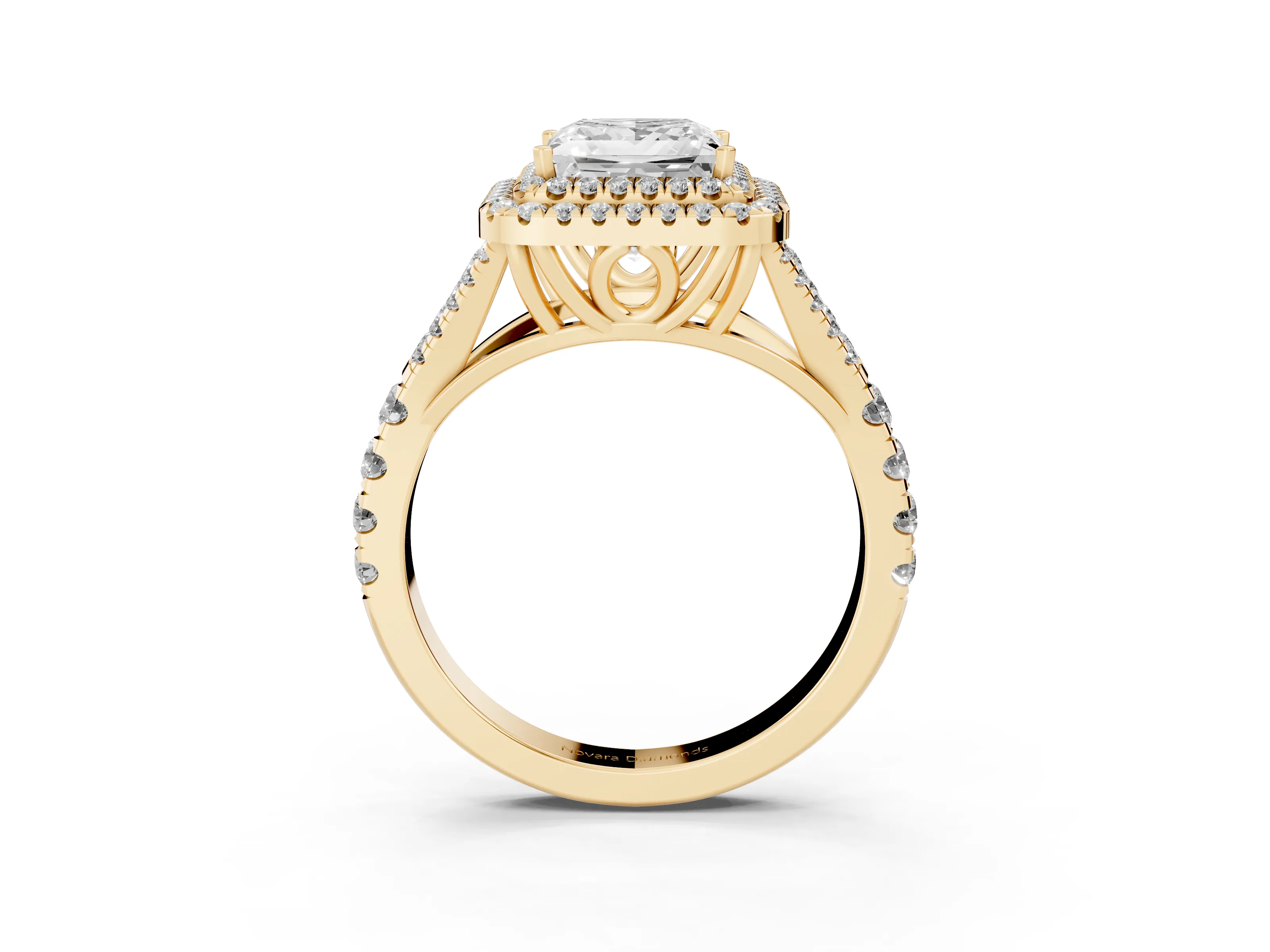 Princess Cut Diamond Pavé Split Shank Double Halo Engagement Ring Set in Yellow gold