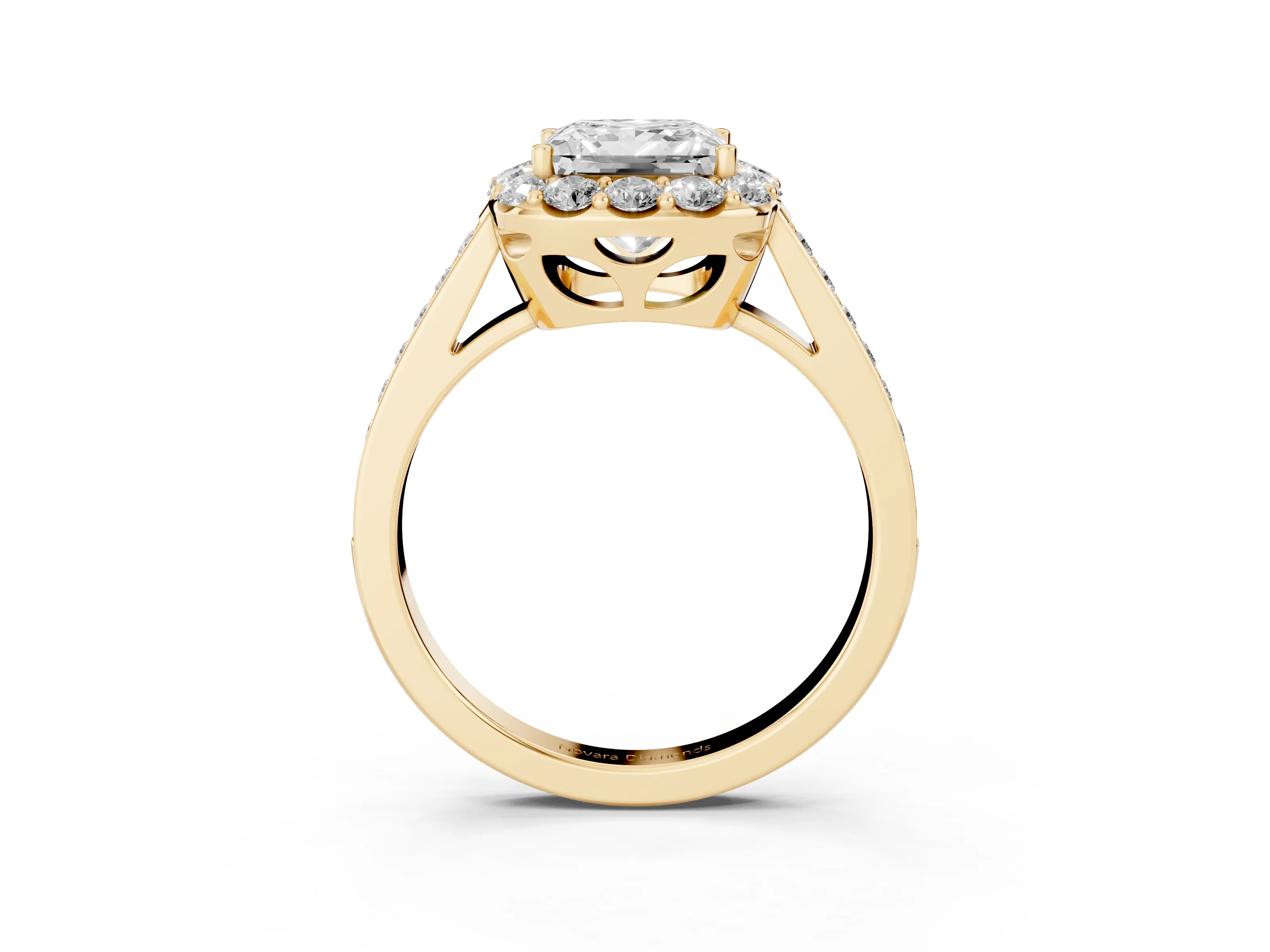 Princess Cut Diamond Floral Halo Ring Set in Yellow gold with Pavé Band and Prong Setting