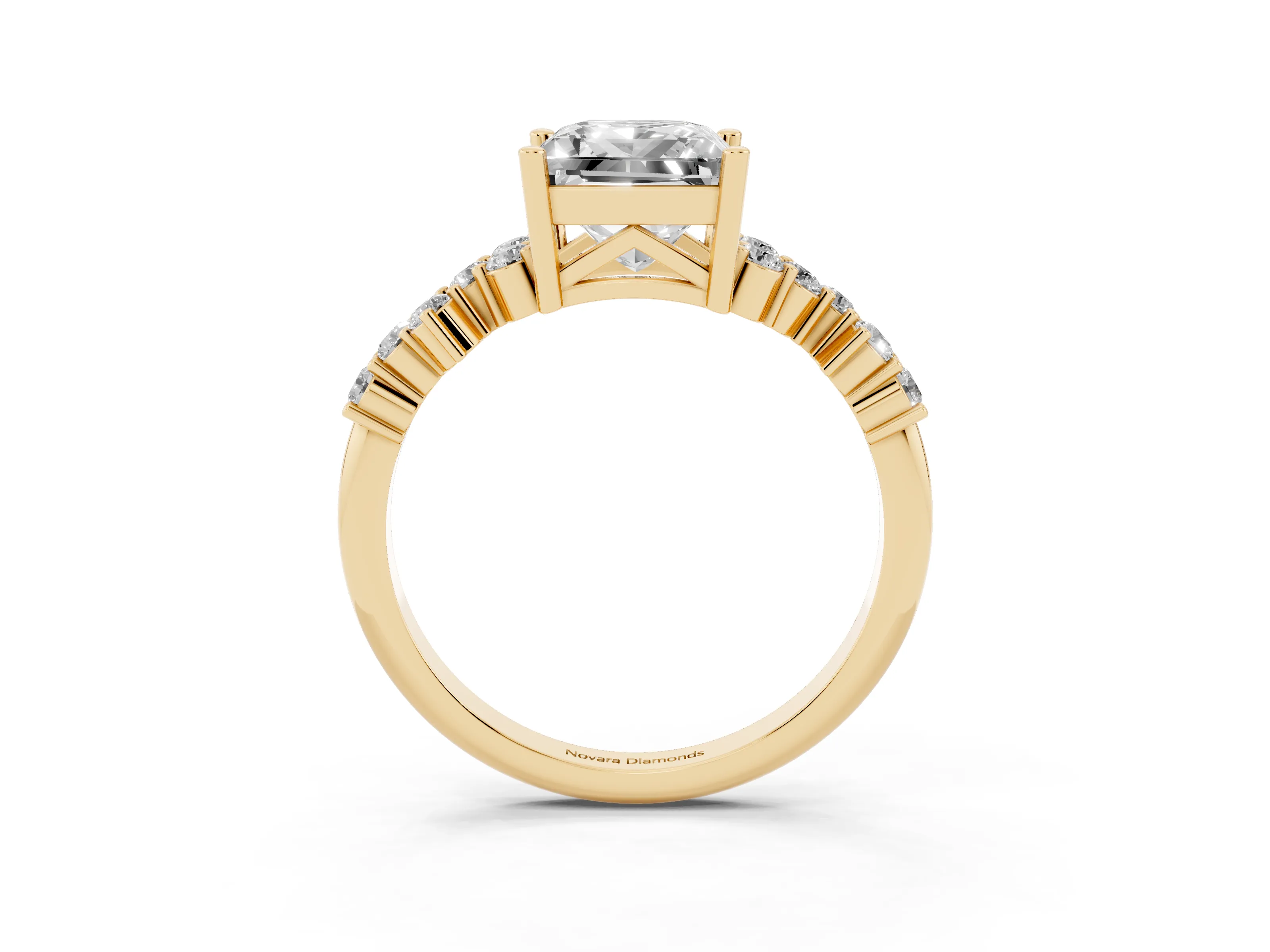 Princess Cut Diamond Ring Set in Yellow gold with Scattered Round Accents