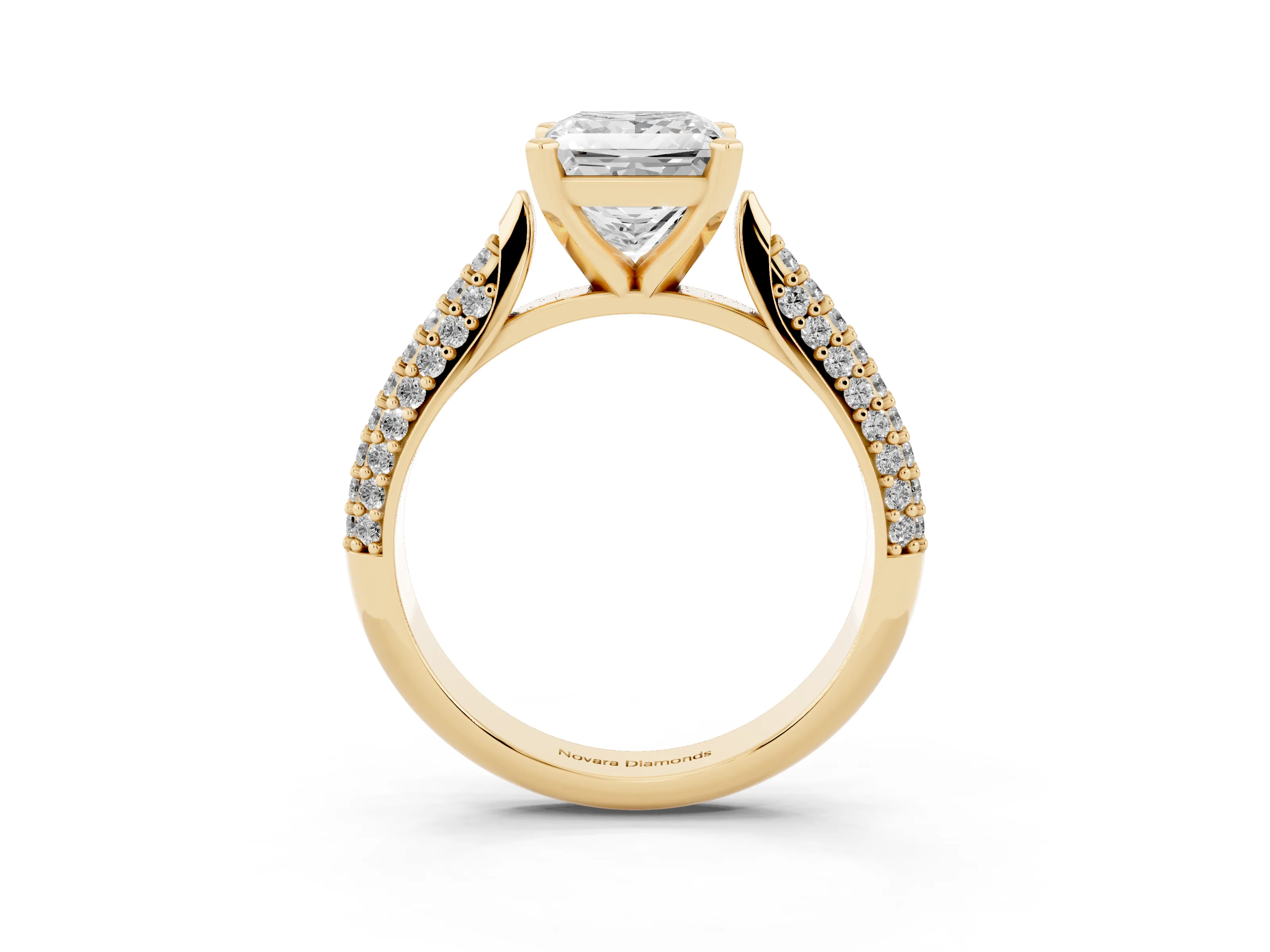 Princess Cut Diamond Solitaire Engagement Ring Set in Yellow gold with Multi-Row Round Pavé Band and Prong Setting