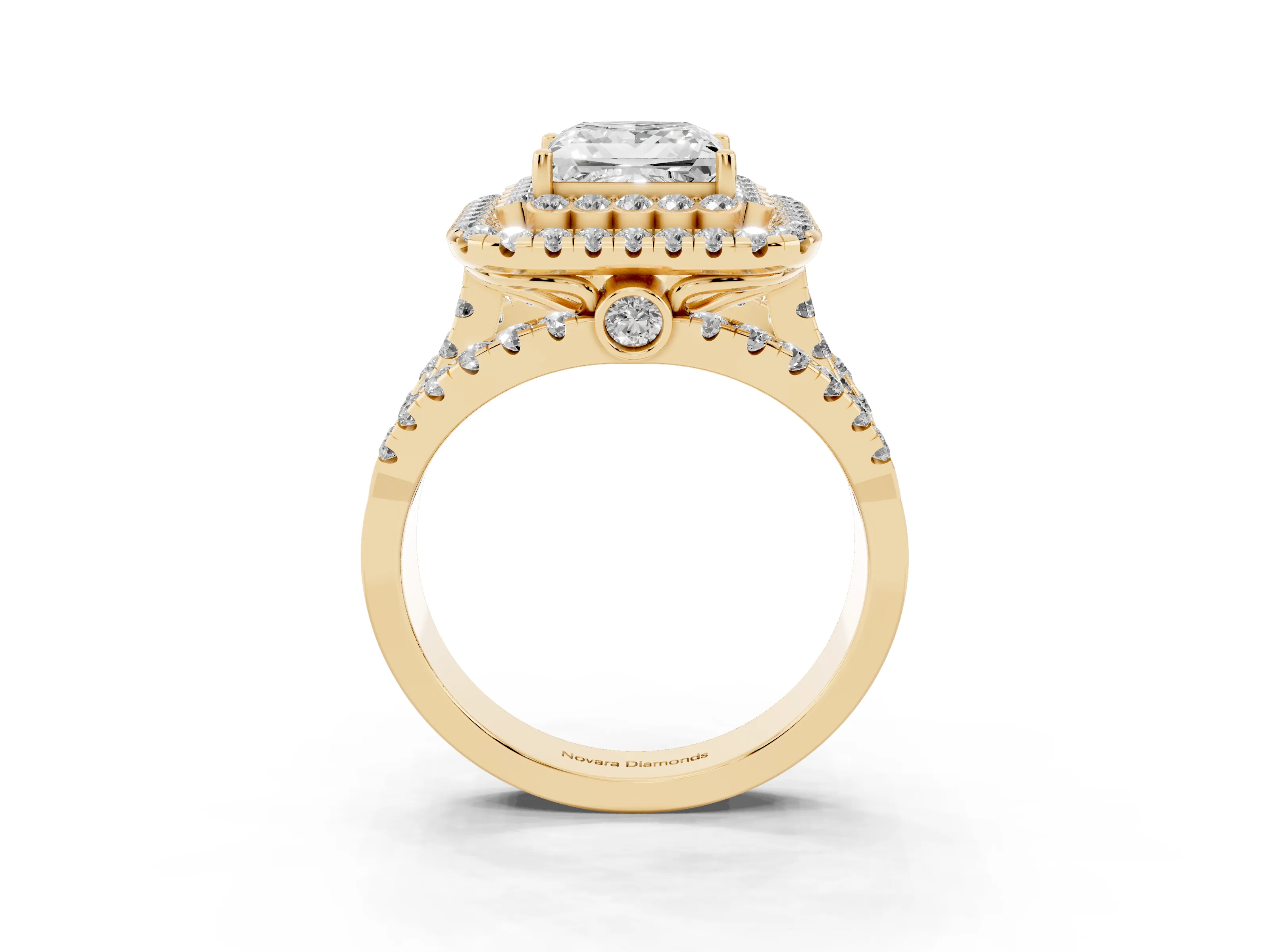 Princess Cut Diamond Double Halo Ring Set in Yellow gold with Round Pavé Split Shank
