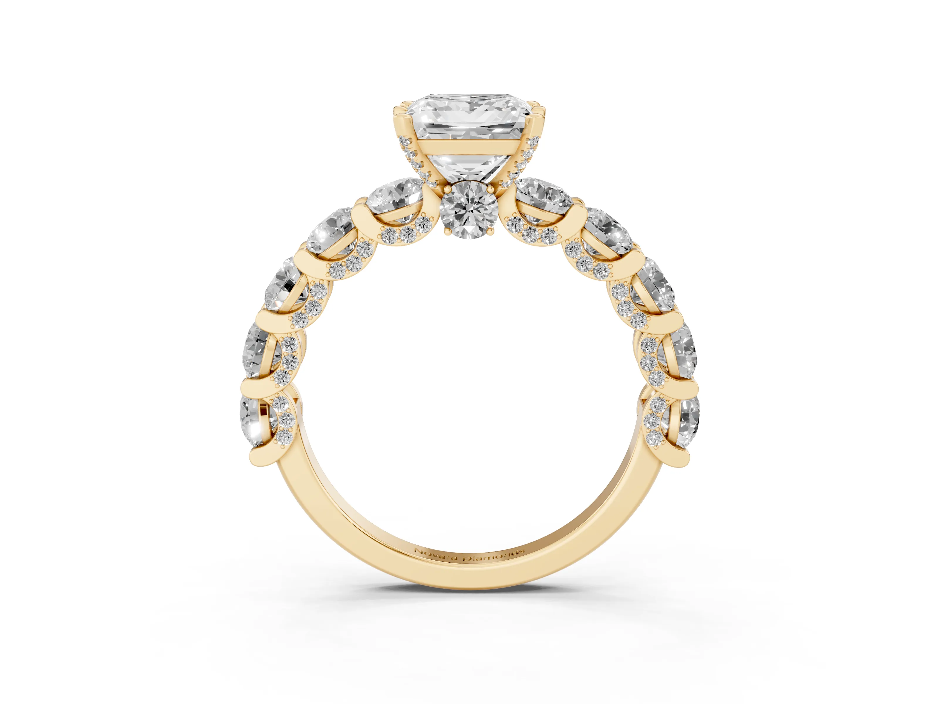 Princess Cut Diamond Side Stone Ring Set in Yellow gold with Alternating Round and Oval Side Stones