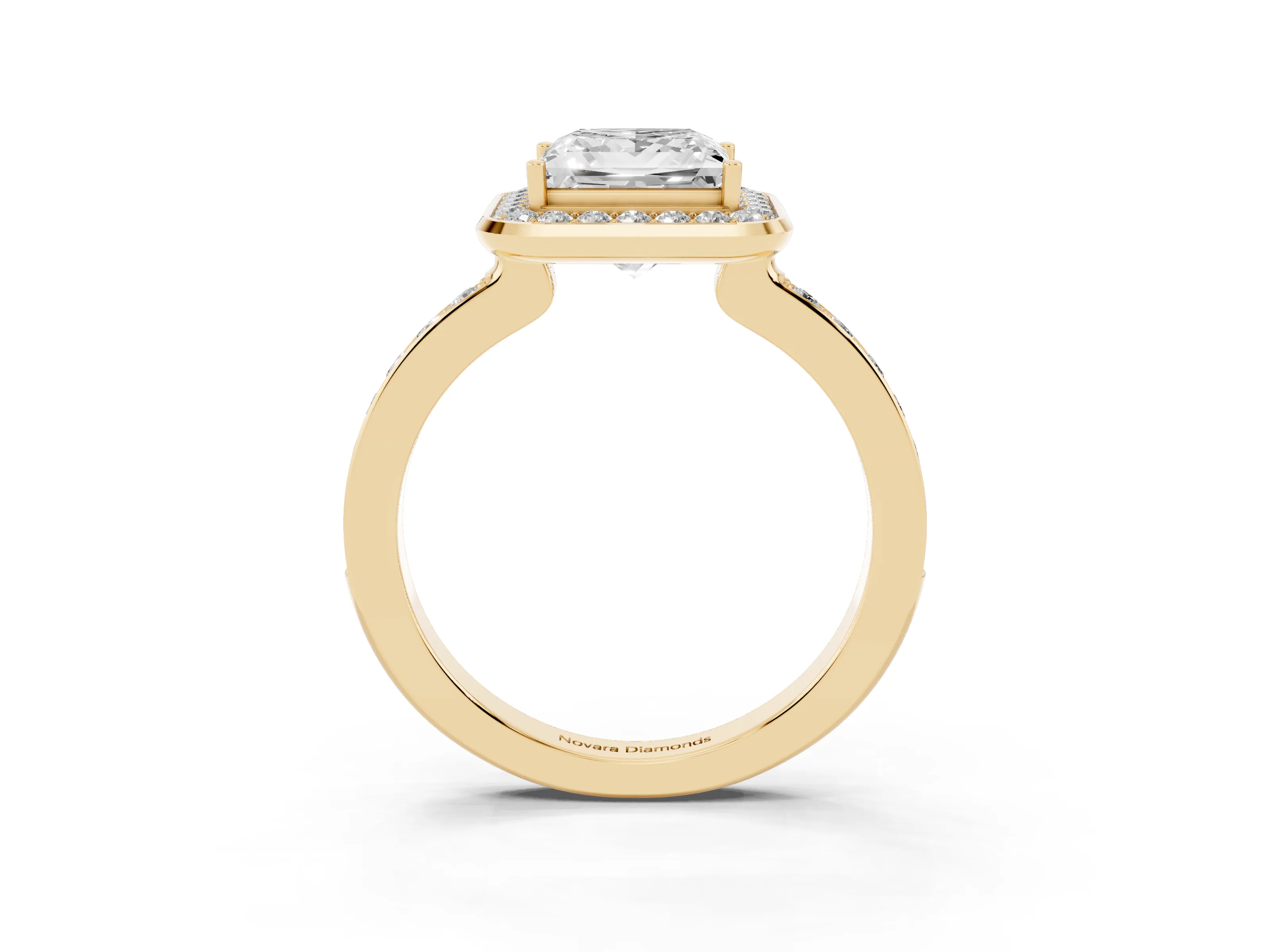 Princess Cut Diamond Halo Ring Set in Yellow gold with Bezel Frame and Pavé Band
