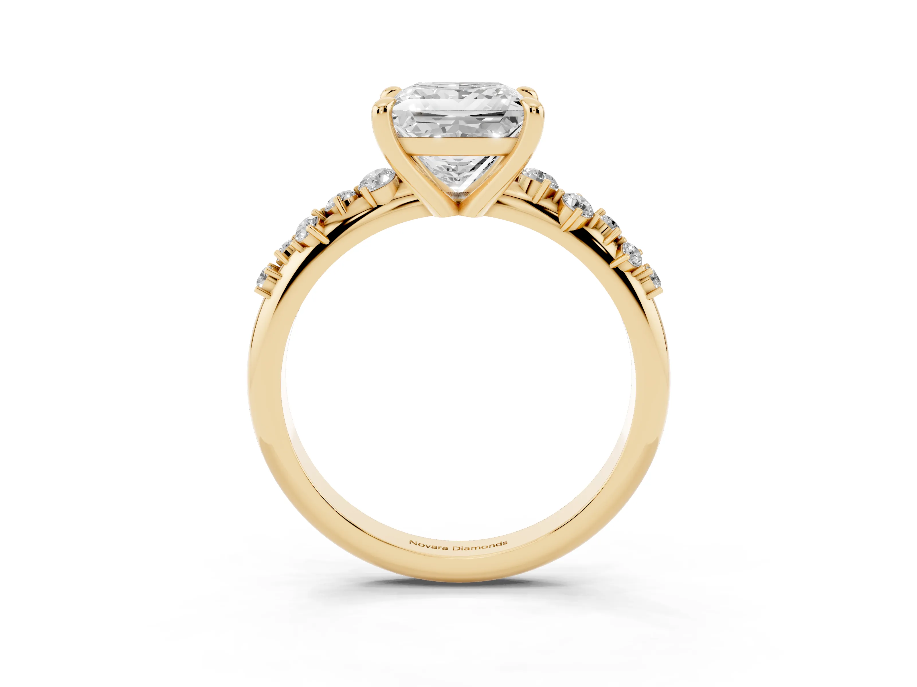 Princess Cut Diamond Solitaire Vine Band Ring Set in Yellow gold with Round Accents and Prong Setting