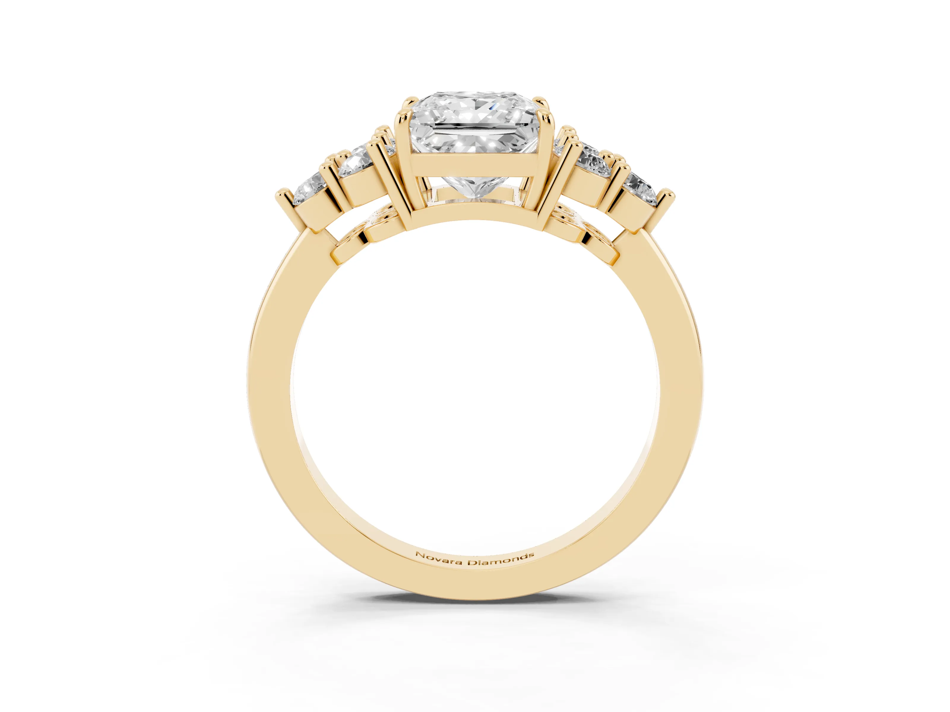 Princess Cut Diamond Solitaire Ring Set in Yellow gold with Cluster Accents on Each Side