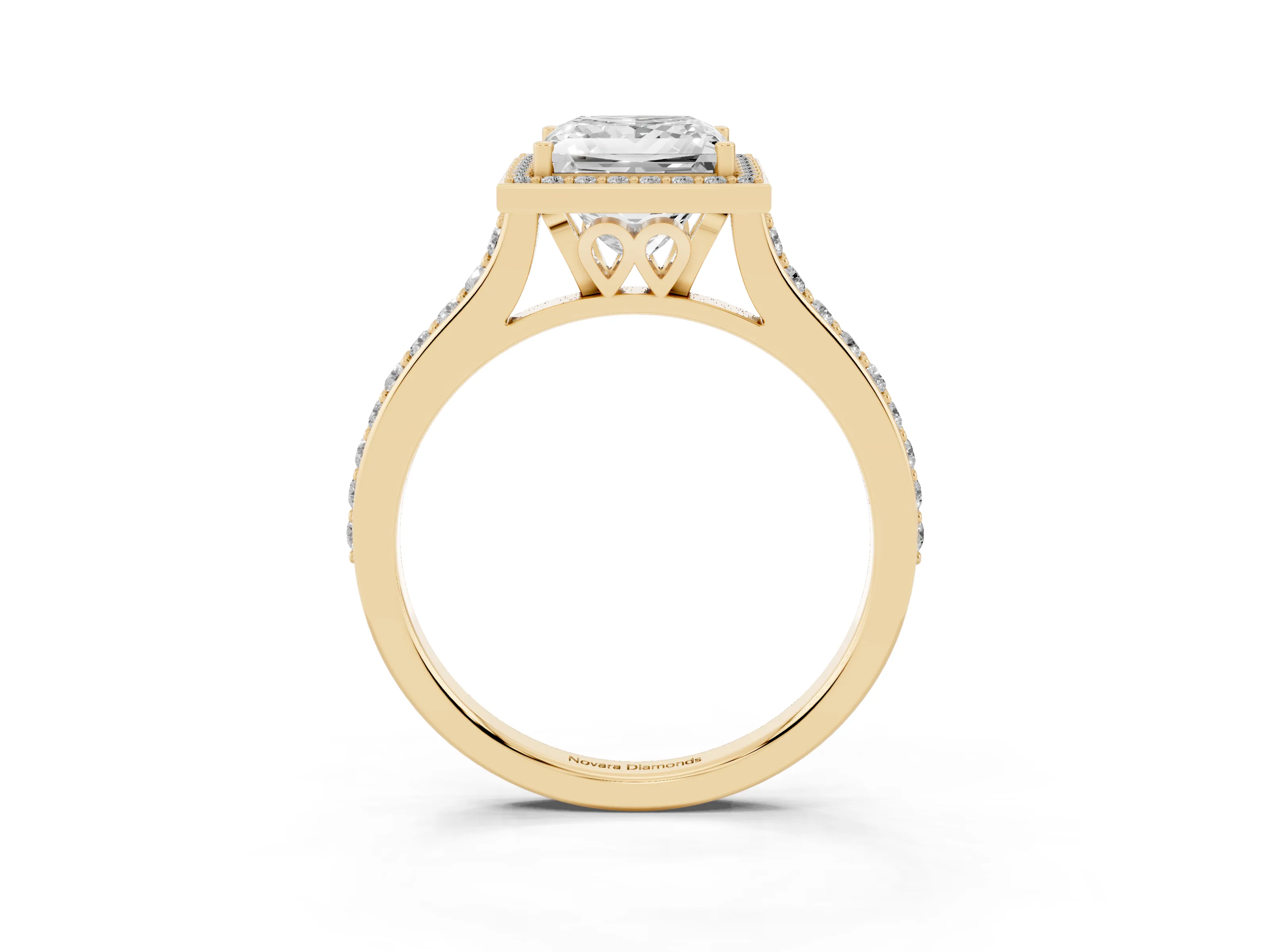 Princess Cut Diamond Halo Engagement Ring Set in Yellow gold with Round Pavé Shoulders and Heart Gallery