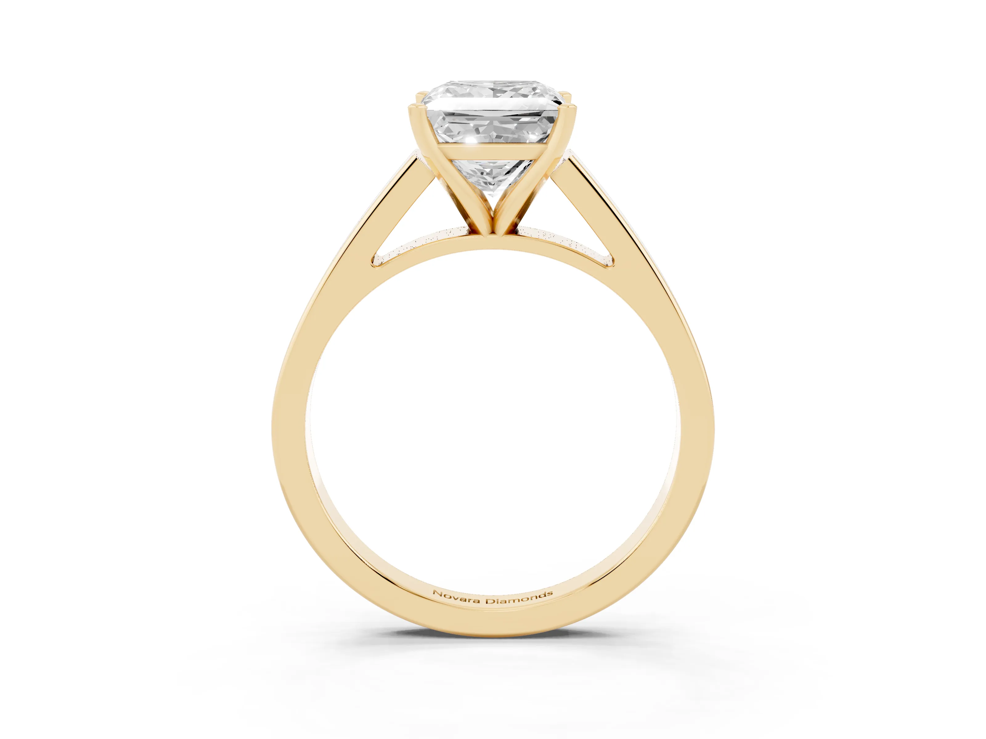 Princess Cut Diamond Solitaire Engagement Ring Set in Yellow gold with Prong Setting and Tapered Band